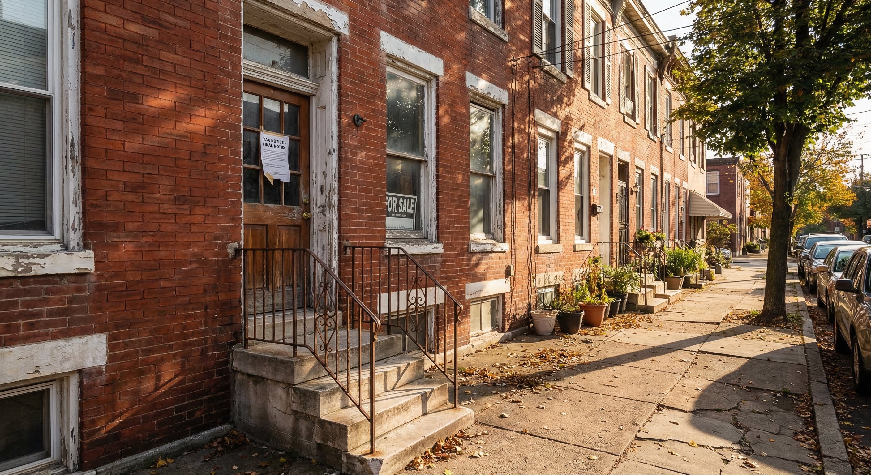 Vacant tax-delinquent brick row house in Philadelphia neighborhood with notice on front door