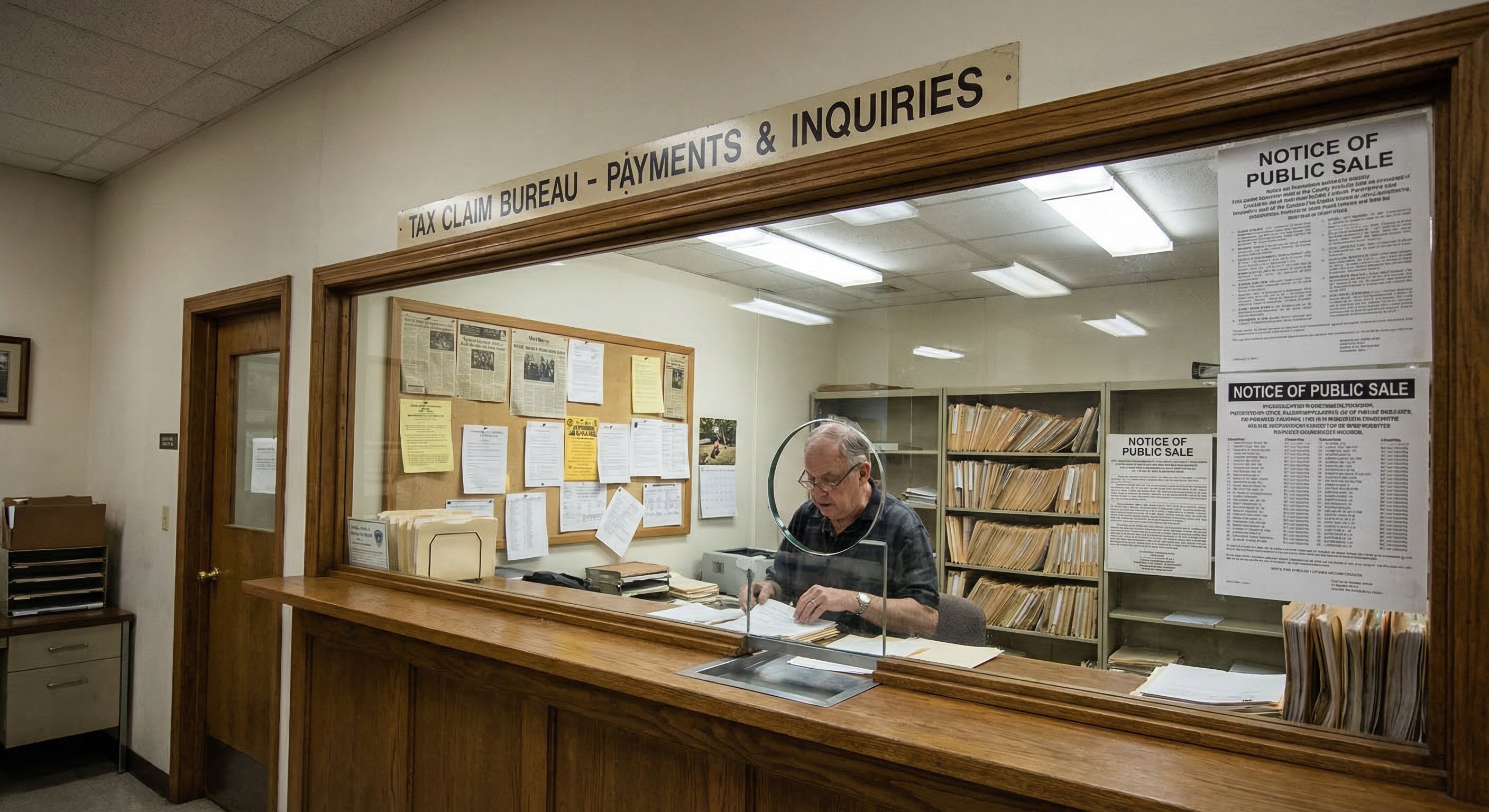 Pennsylvania county Tax Claim Bureau office counter with public notices and property sale announcements