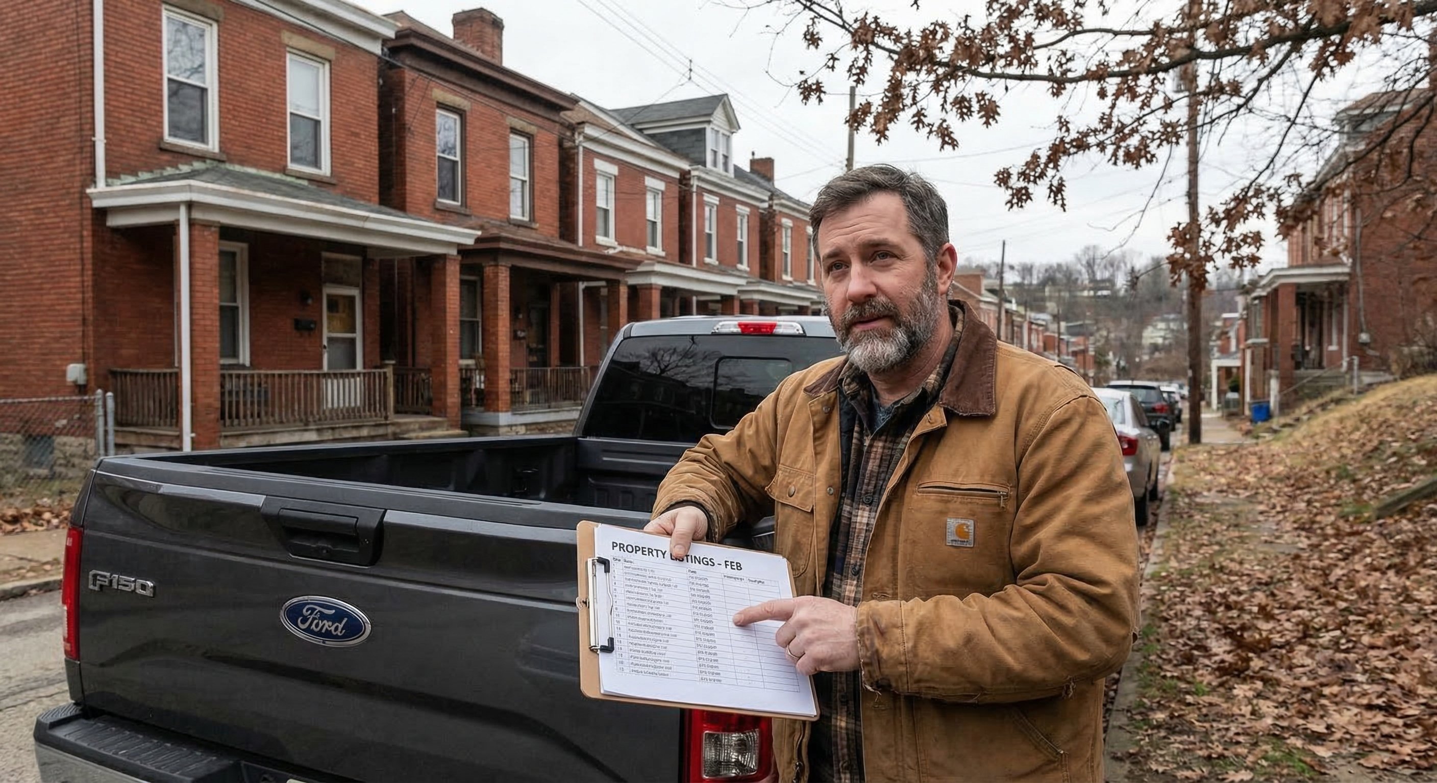 Real estate investor reviewing tax lien property list on clipboard at pickup truck tailgate in Pittsburgh neighborhood
