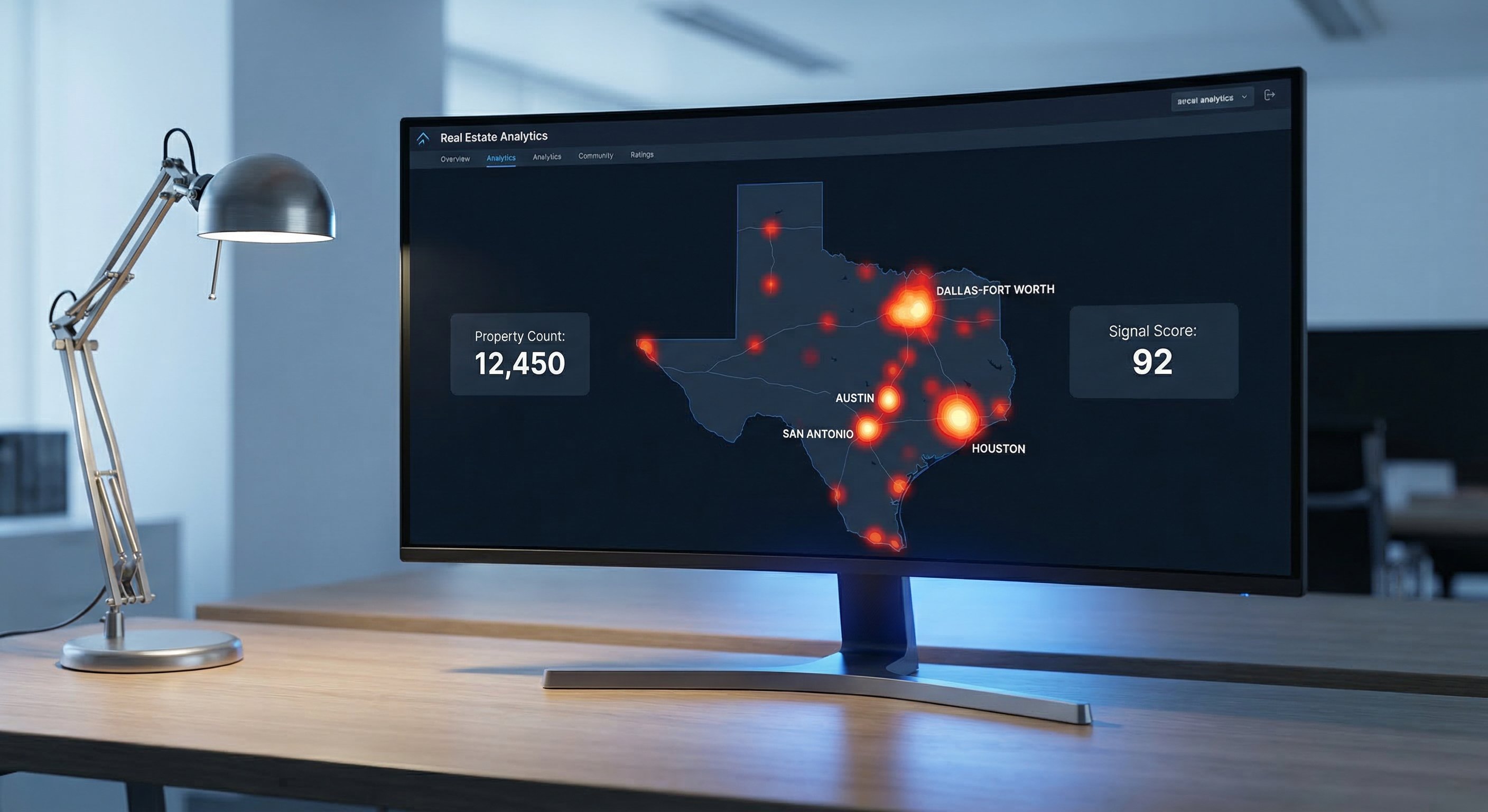 Modern real estate analytics dashboard on a large monitor showing a dark-themed Texas state map with heat map overlays highlighting tax-delinquent property concentrations across Houston, Dallas-Fort Worth, San Antonio, and Austin metros
