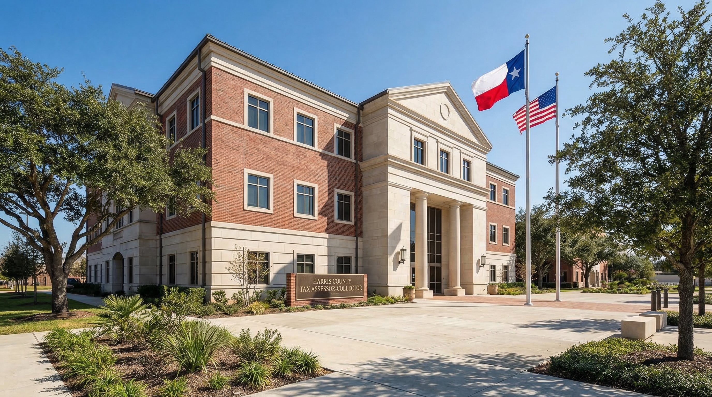 Harris County Tax Office building in Houston — institutional brick exterior with "Tax Assessor-Collector" signage and Texas state flag at entrance
