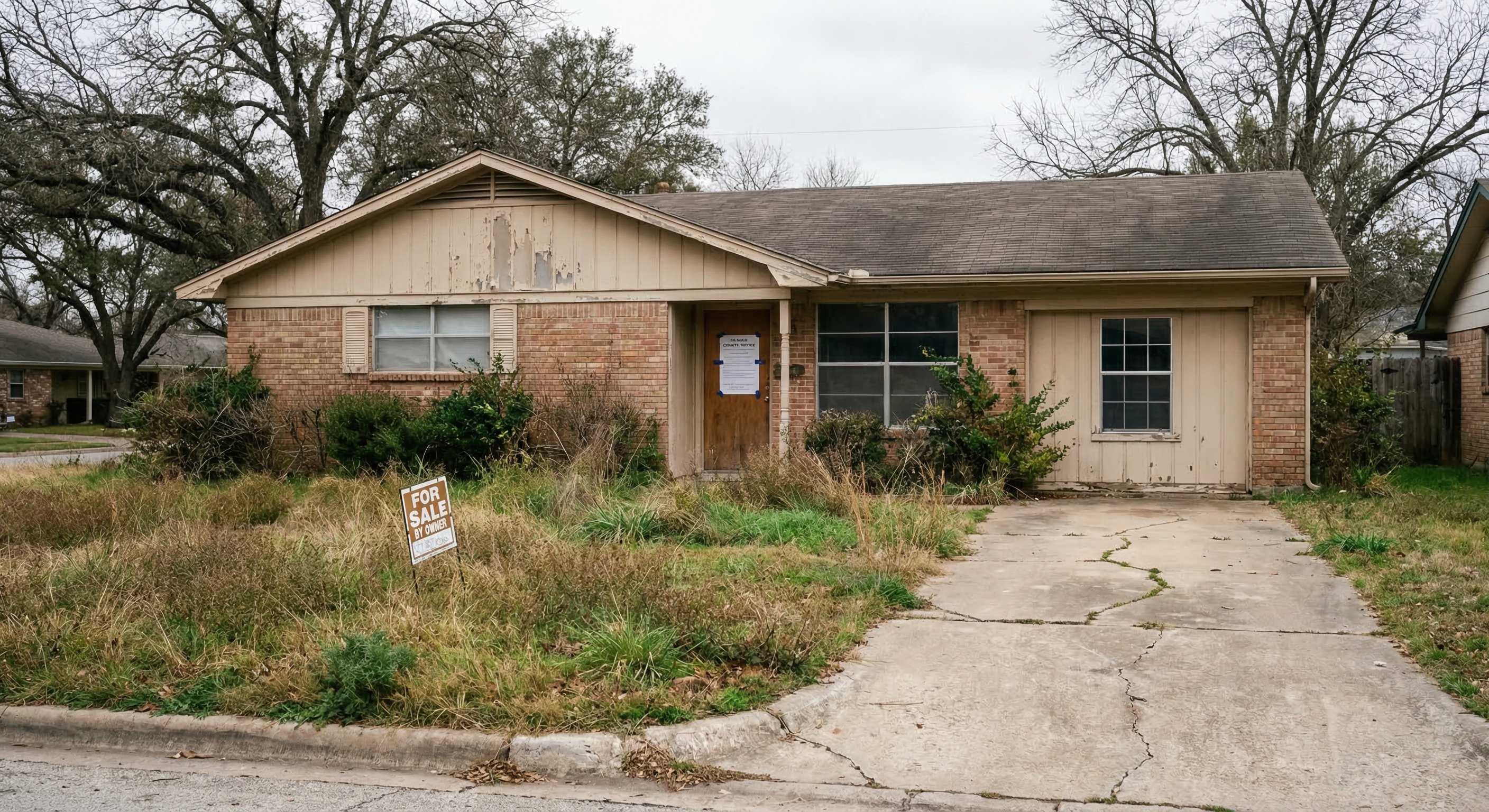 Single-story brick Texas ranch home with overgrown front lawn, weathered trim paint, and a county notice posted on the front door — pre-auction distress in a suburban neighborhood setting