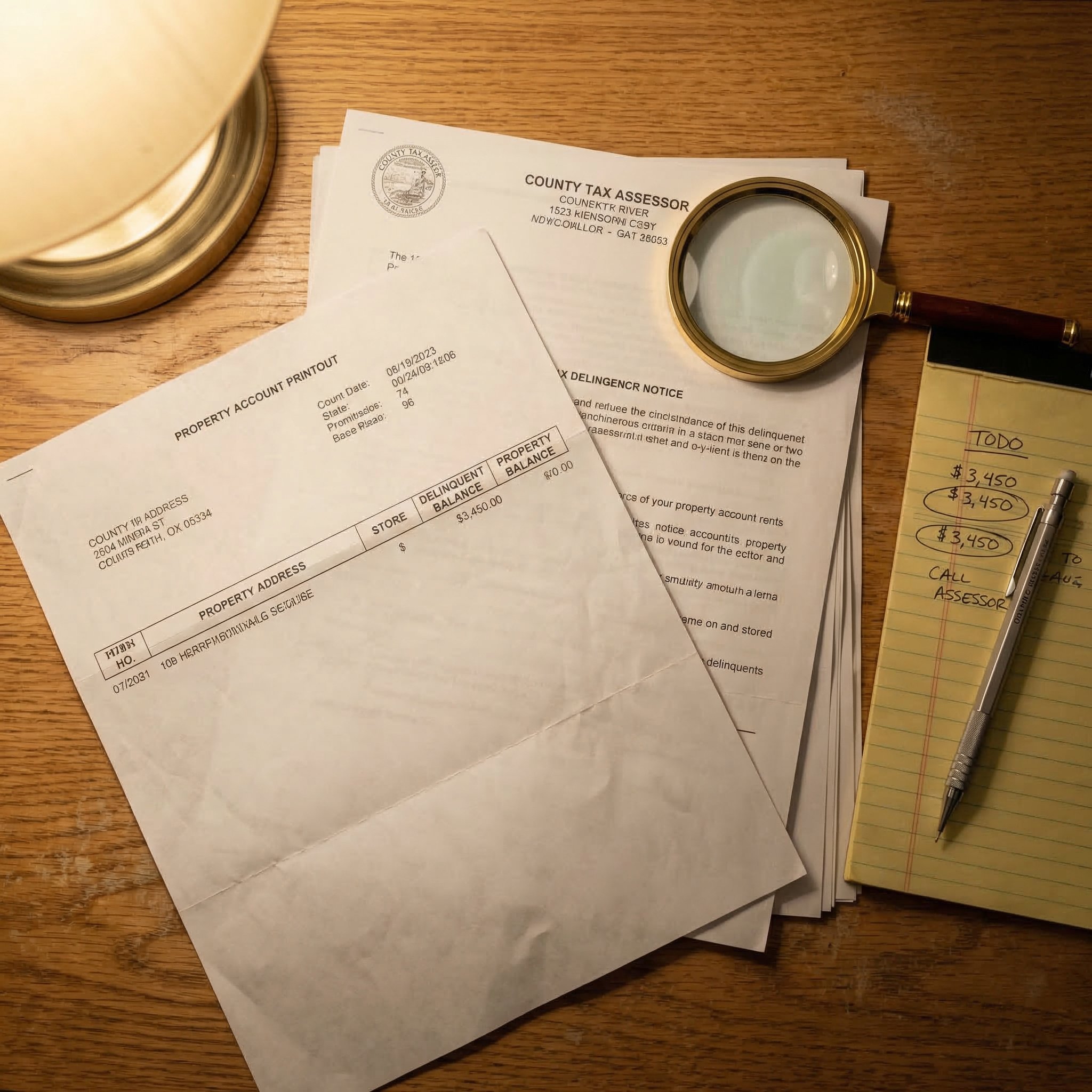 Tax delinquency property documents spread on a wooden desk — county tax assessor notice, property account printout, magnifying glass on address field, handwritten investor notes on yellow legal pad, warm desk lamp lighting