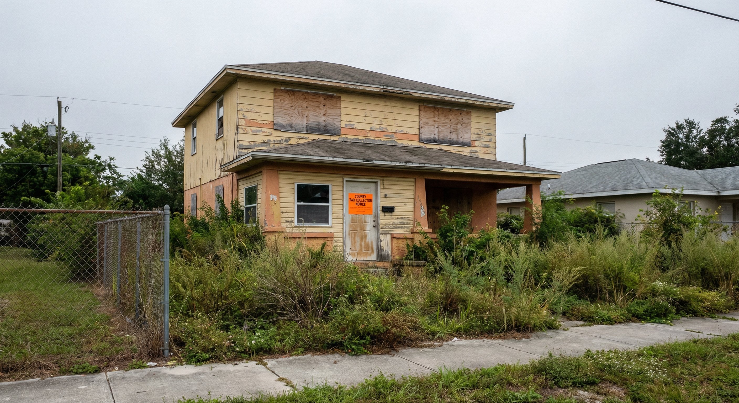 Neglected single-family home with code violations and county notice posted on door