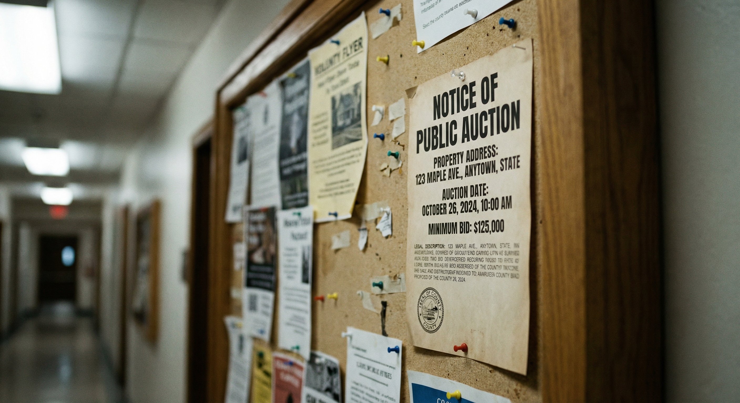 Official auction notice and county records bulletin board with property details