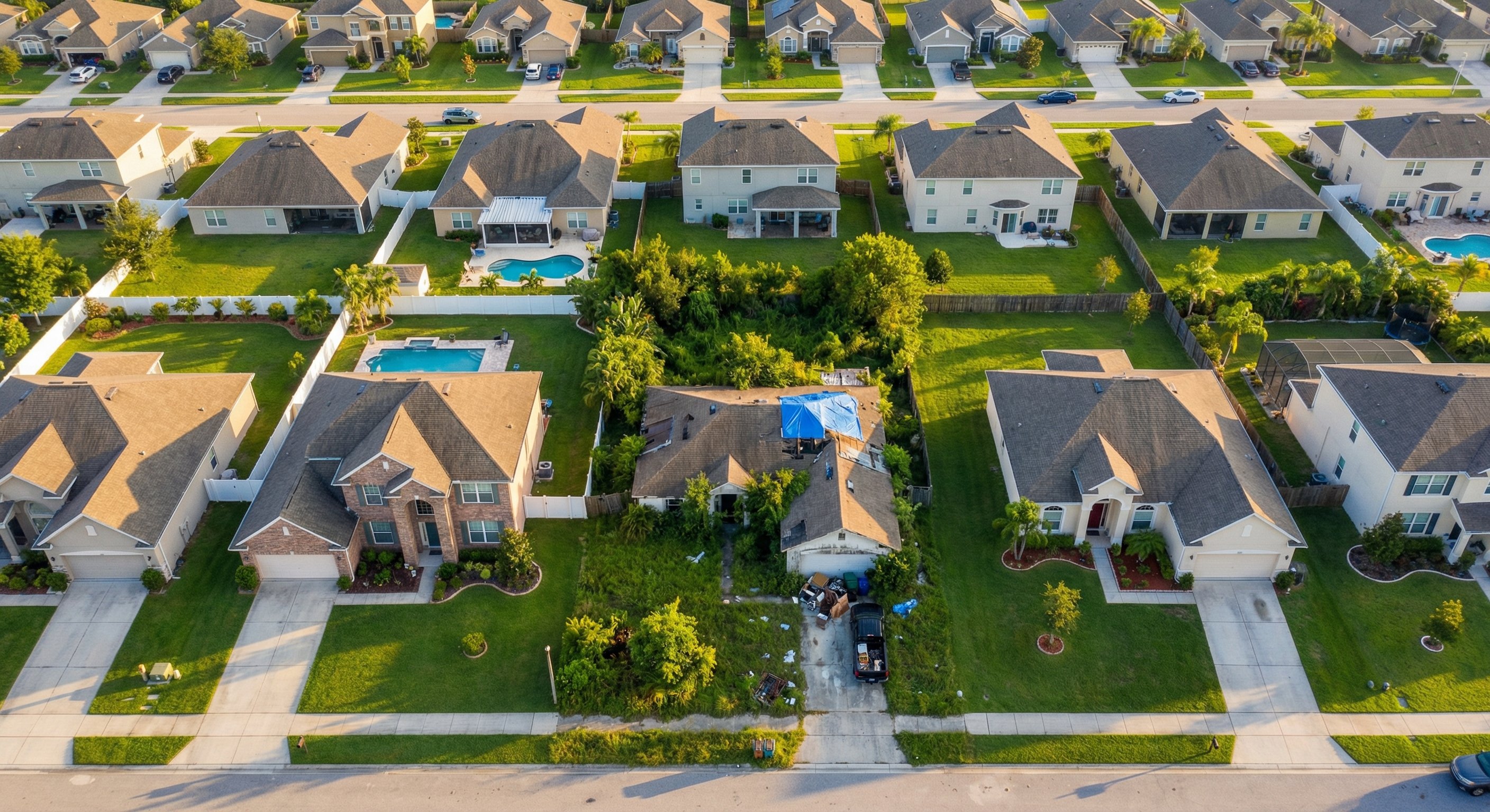 Aerial view of neighborhood with one visibly distressed property among well-maintained homes