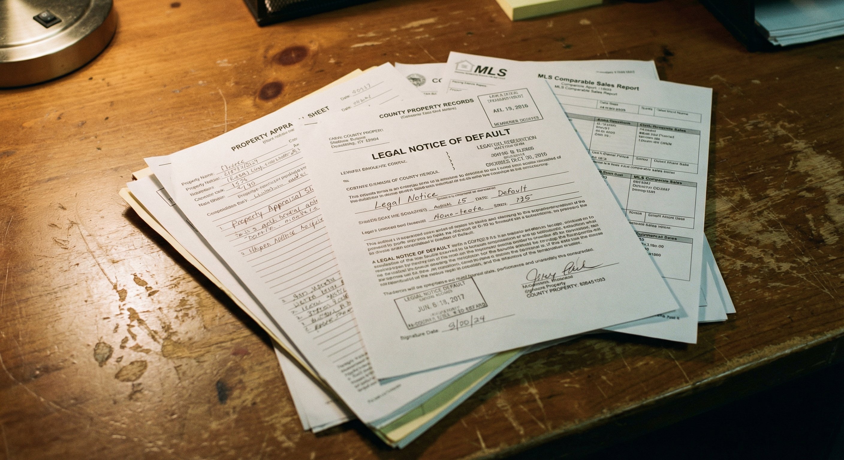 Official county property records and documents spread on desk for research