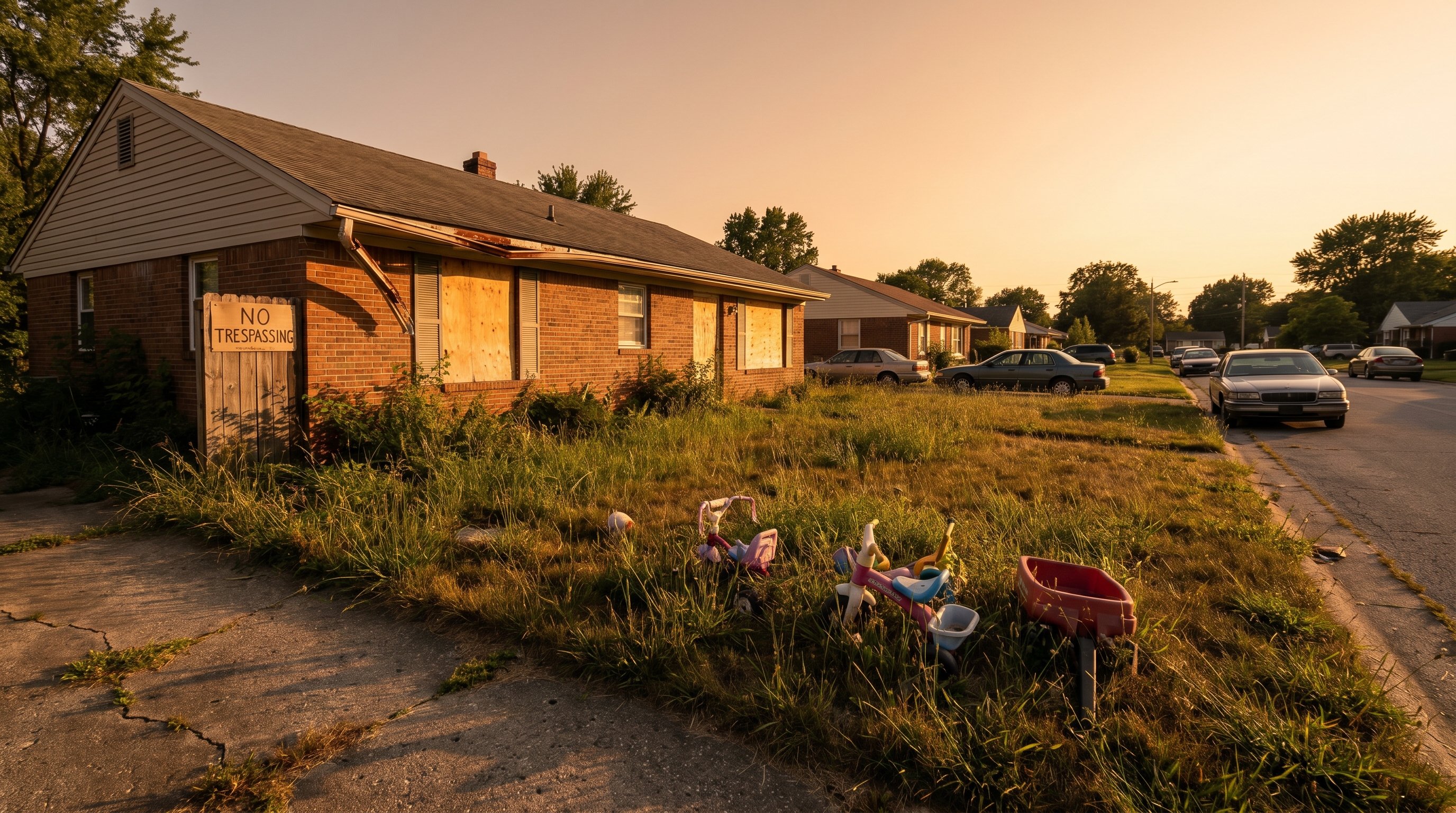 A vacant mid-century home with boarded windows and overgrown lawn — the type of property that appears in portal searches long after it's off-market