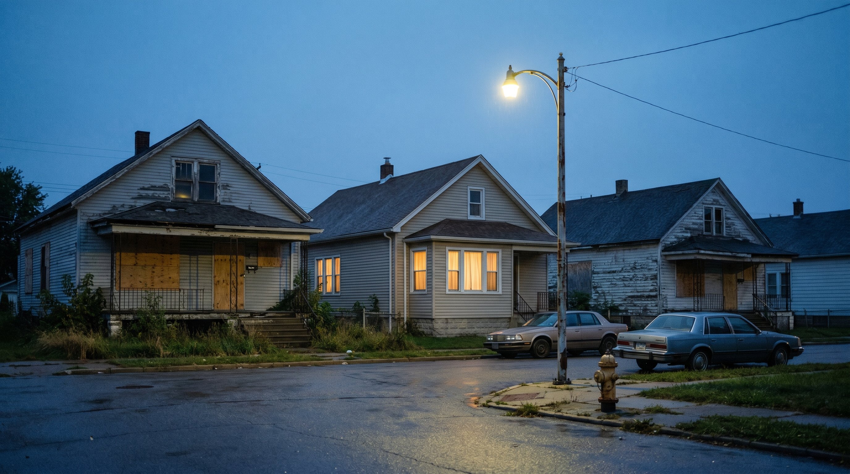 Urban street at dusk showing two clearly vacant properties among occupied homes — the visual pattern that distinguishes genuine vacancy from portal-listed inventory