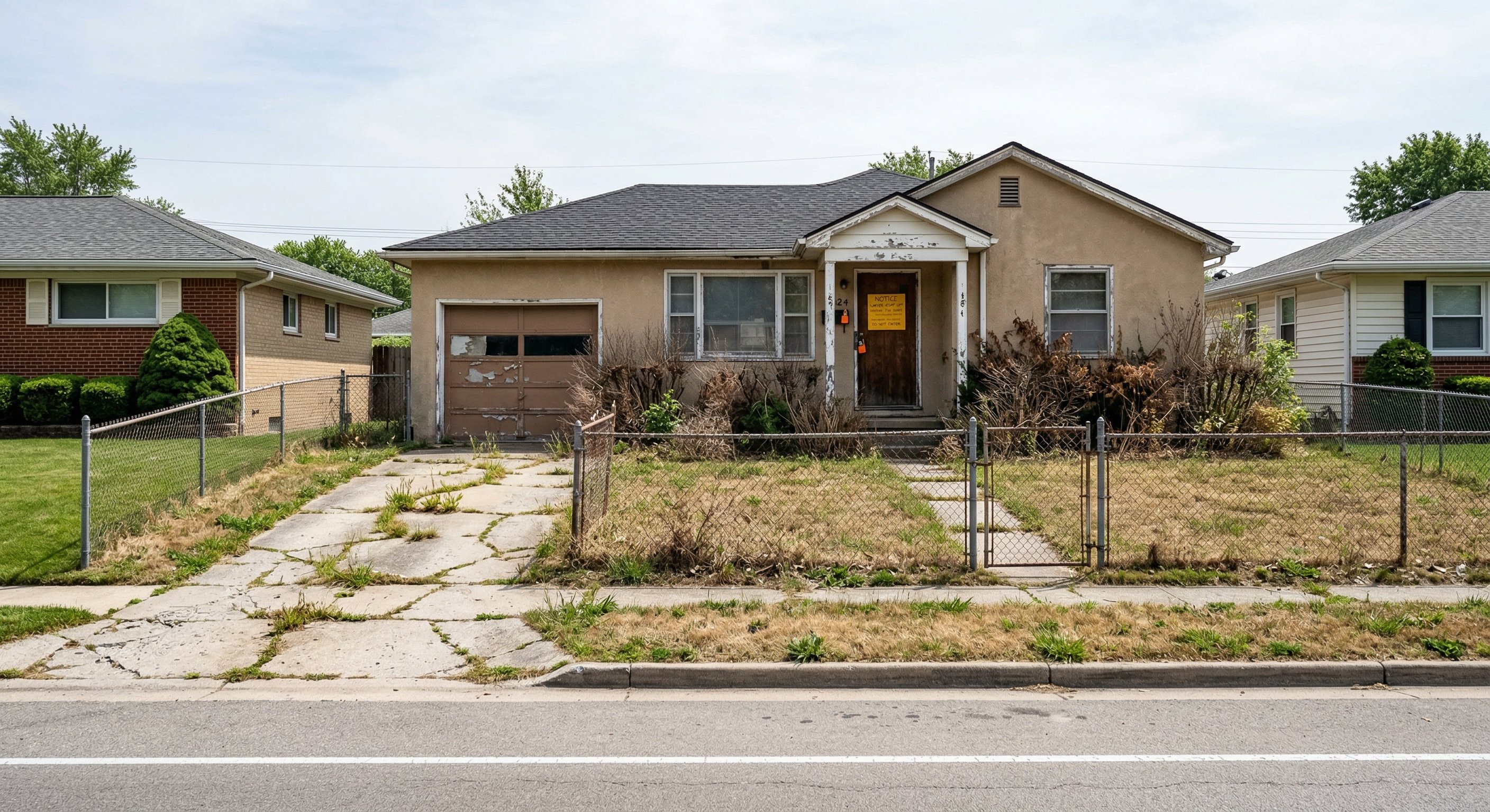 A photorealistic street-level photograph of a vacant single-story ranch home with tan stucco exterior and overgrown desert landscaping — dead shrubs, cracked concrete driveway, a faded utility notice posted on the front door. Neighboring homes are well-maintained. Natural daylight, slight overcast. Shot on Sony A7IV with 35mm lens. Real estate documentary photography.