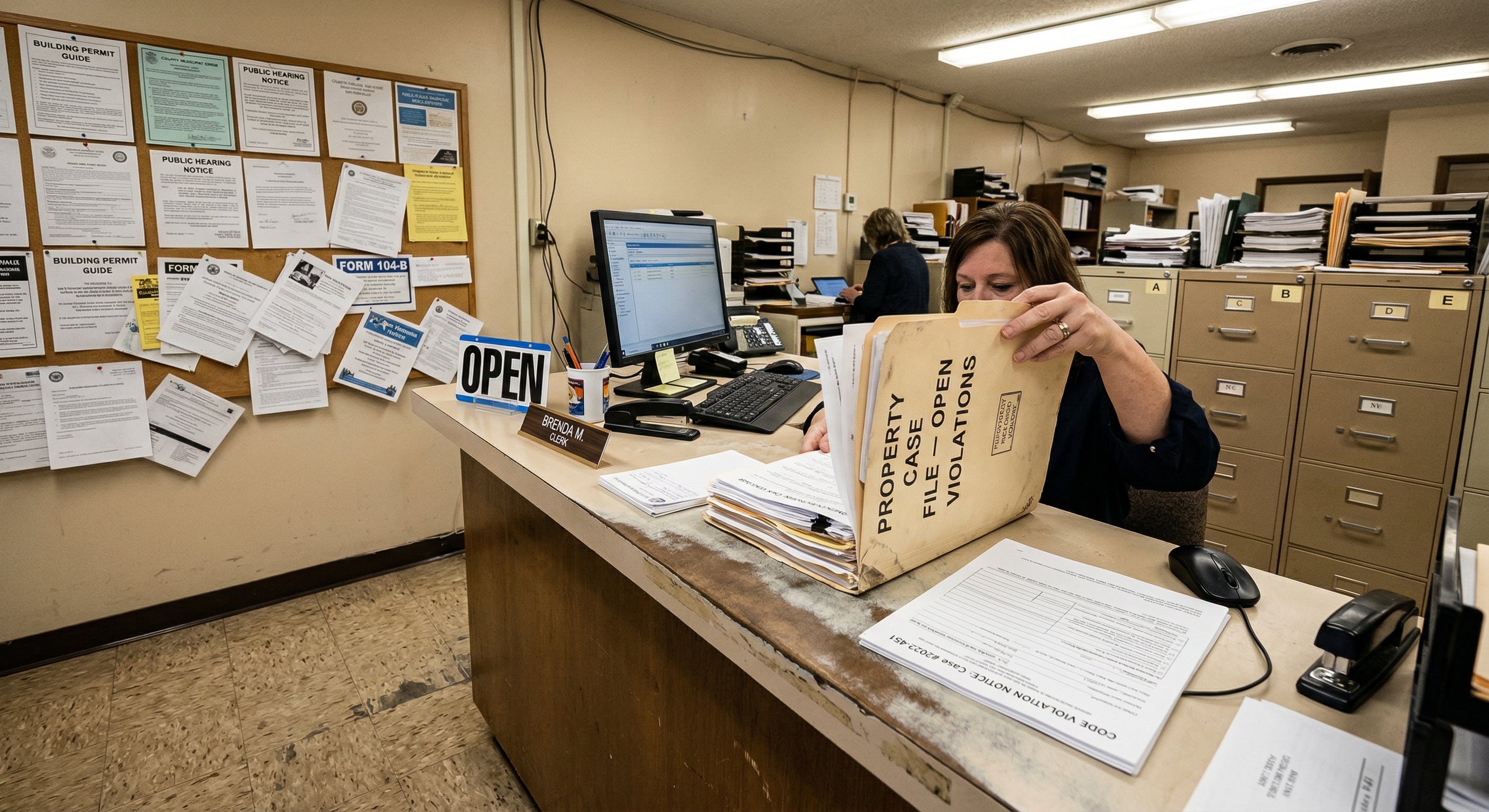 A photorealistic photograph of a county code enforcement office counter — institutional tile floor, fluorescent lighting, a cluttered bulletin board with public notices, a government employee reviewing a thick folder of property violation notices. The file tab visible reads "CASE OPEN." Documentary photography style, shot on 28mm wide angle lens.