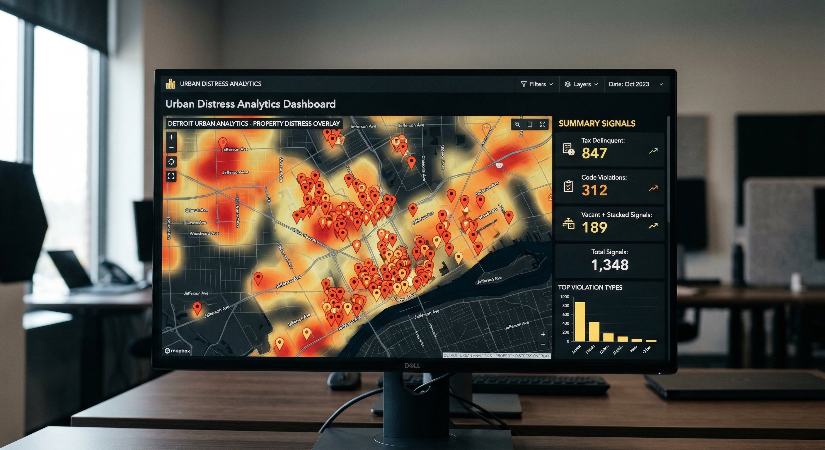 A photorealistic stylized map of a mid-sized American city shown on a dark-themed analytics dashboard, with clusters of red and orange pins marking high-distress vacant property concentrations, heat overlay showing intensity by neighborhood, data cards on the right side showing signal counts per area. Screen as the subject, no person visible, shot from front-on as product photography. Technology editorial style.