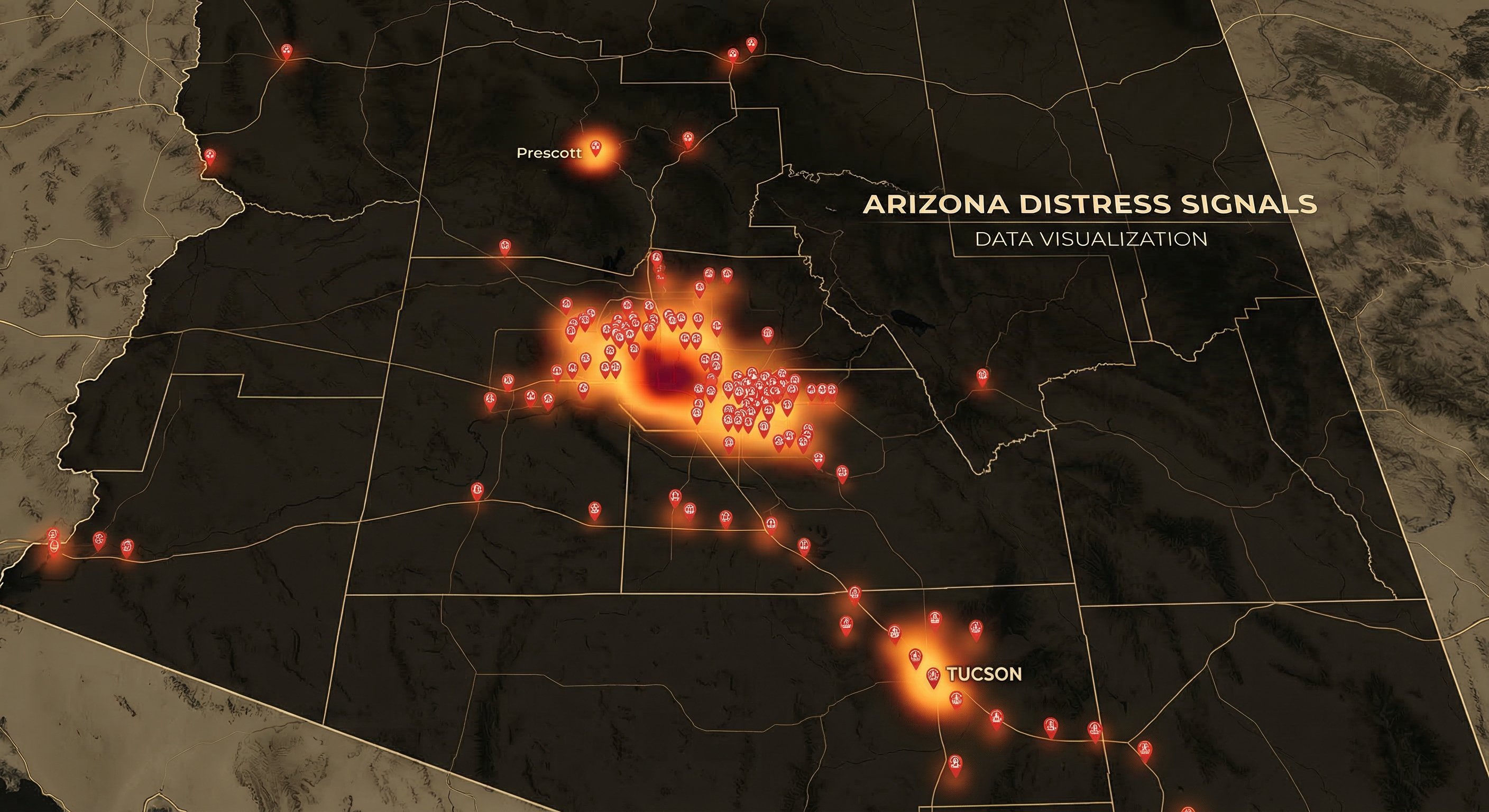Distress signal heatmap over Arizona county map showing vacant property concentrations in Maricopa and Pima counties