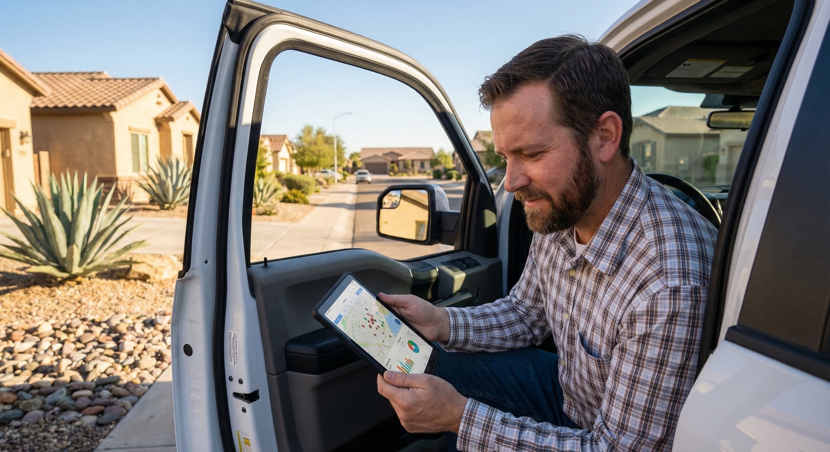 Real estate investor reviewing property data app in a pickup truck between showings on an Arizona suburban street with stucco homes and desert landscaping