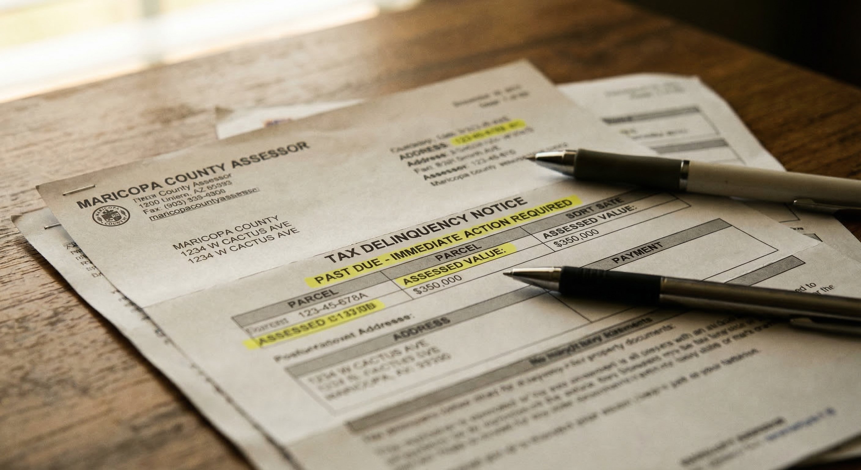 County assessor documents and property tax delinquency records spread on a wooden desk, showing Arizona parcel numbers and highlighted payment notices