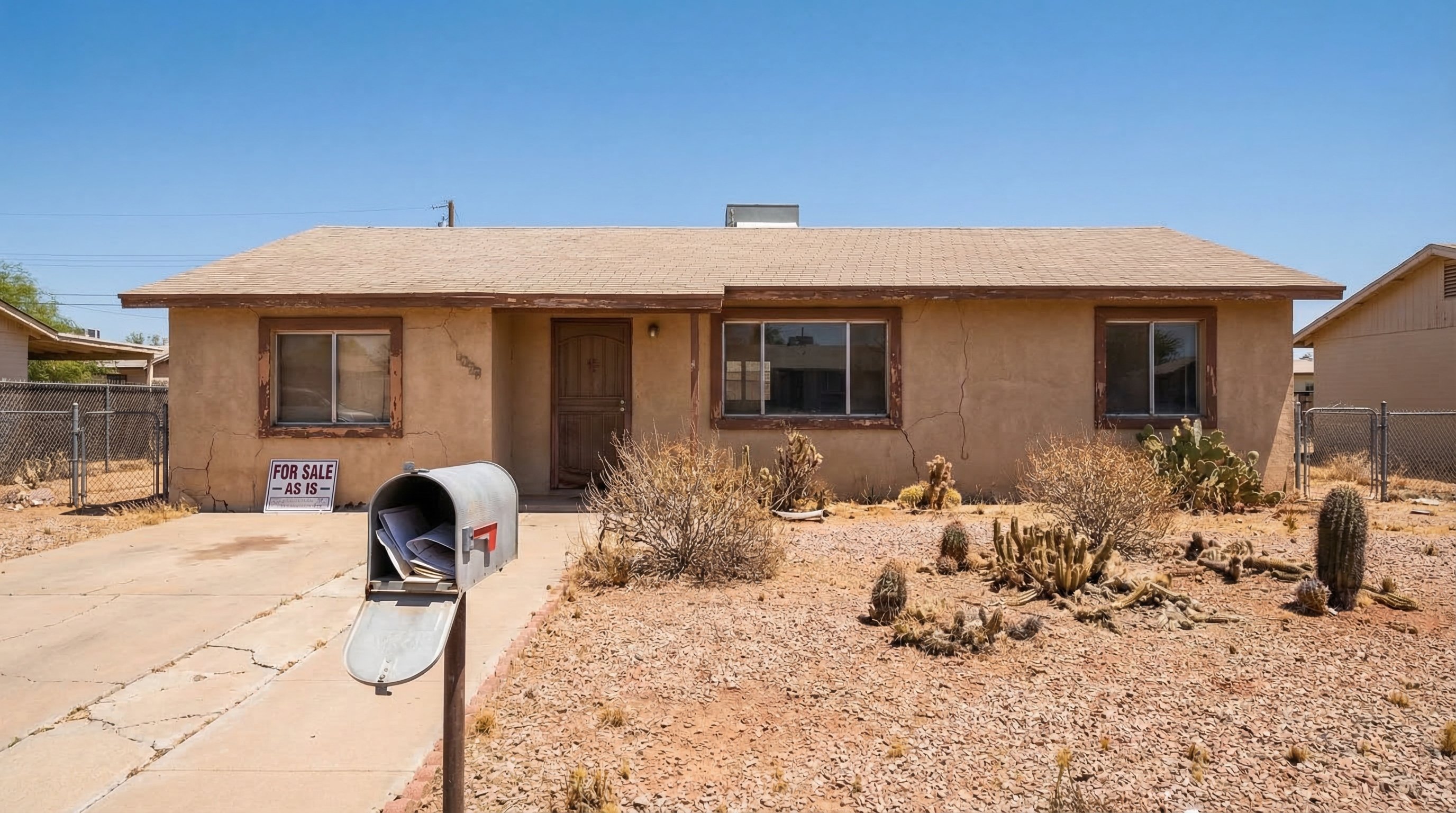 Weathered vacant single-story stucco Arizona ranch home with dead desert landscaping, faded exterior paint, and closed shutters indicating long-term vacancy