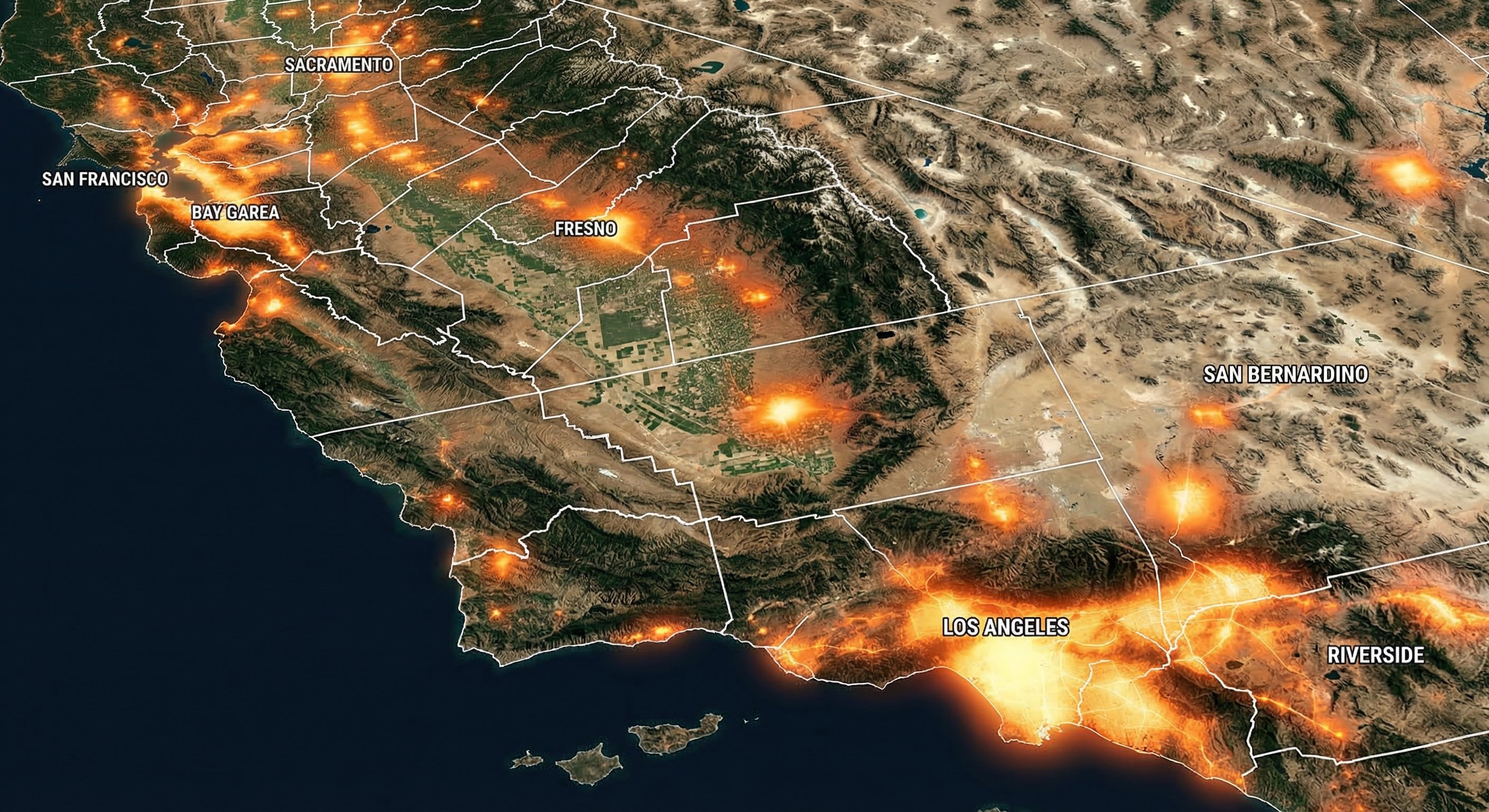 California county map with property distress signal heat overlay, warm tones showing high-density lead concentrations in LA Basin, Inland Empire, Central Valley, and Bay Area