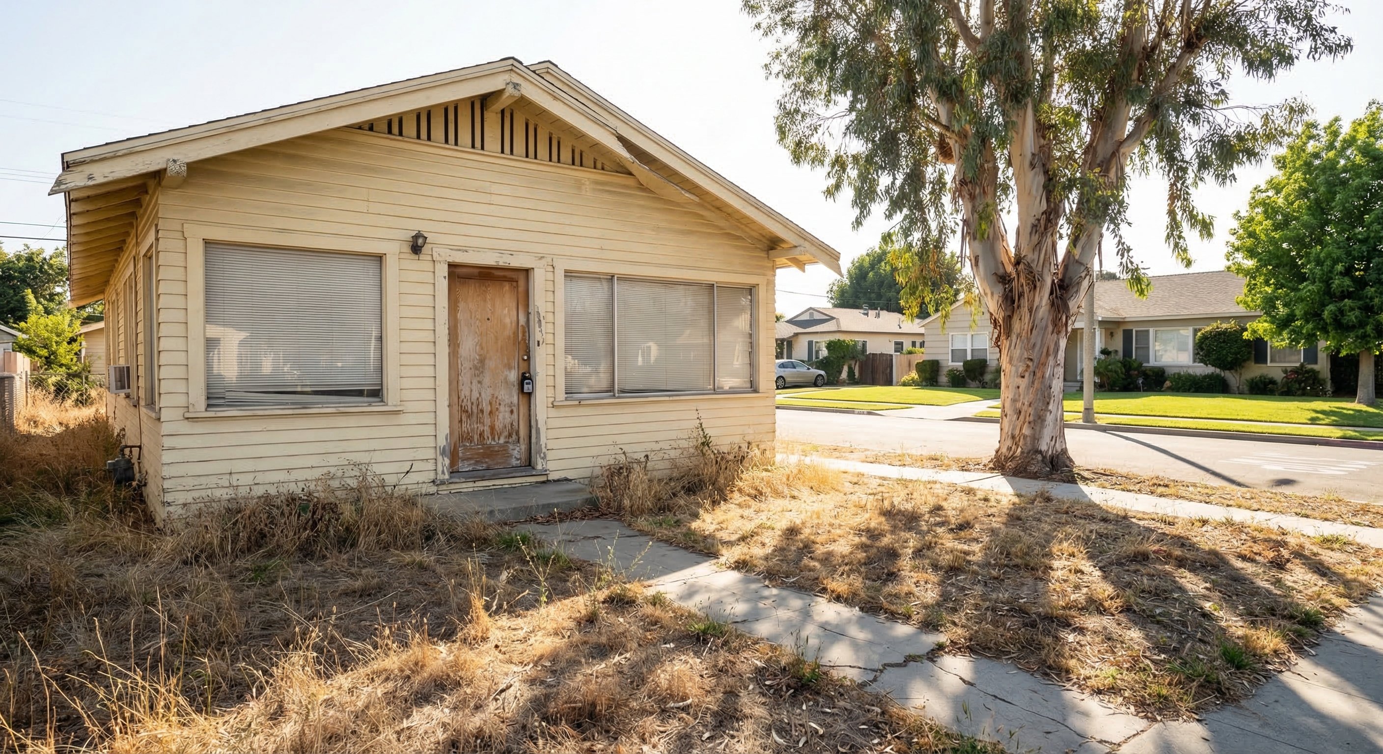 Vacant California craftsman bungalow on a sun-bleached suburban street, overgrown front yard, sun-faded paint peeling near eaves, closed blinds, realtor lockbox visible on door handle