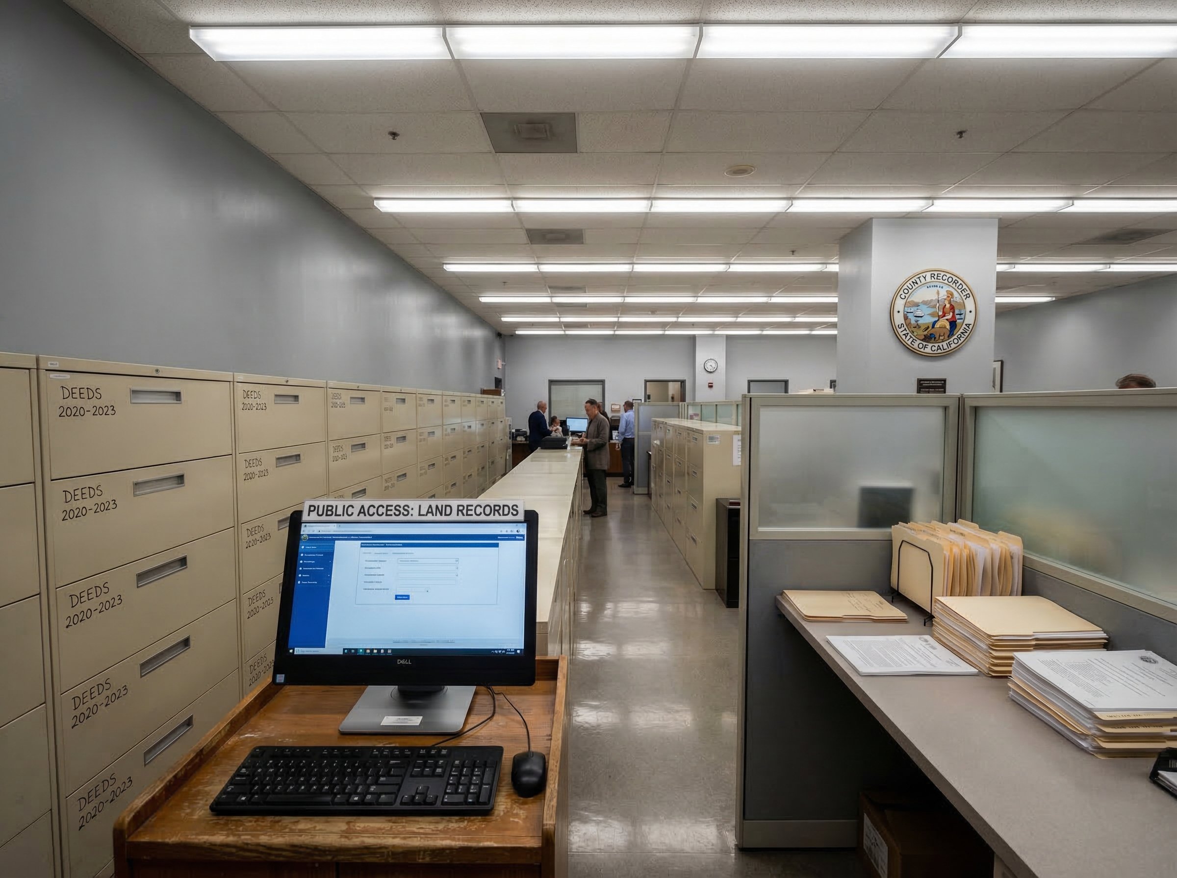 Interior of a California county recorder's office, rows of metal filing cabinets, fluorescent lighting, document request window with public access terminal visible