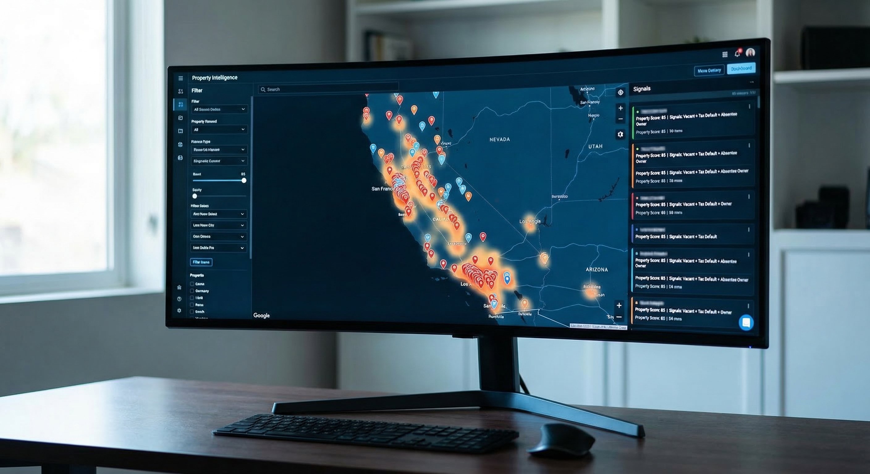 Computer screen showing a dark-themed property intelligence dashboard with California map, clustered property pins showing multi-signal distress layers, data cards with score indicators