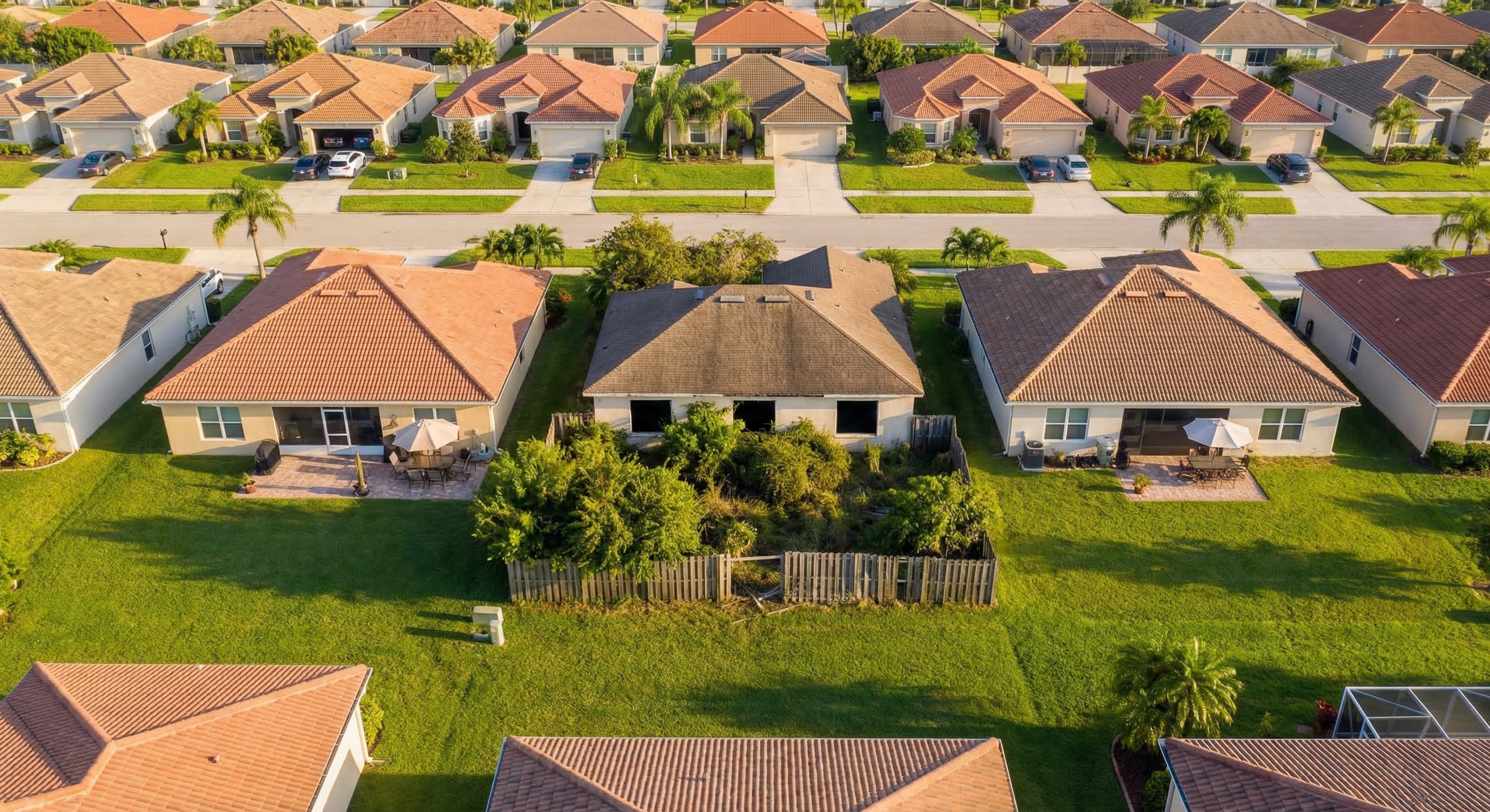 Aerial view of a Florida residential neighborhood with a noticeably vacant, overgrown property standing out amid maintained homes