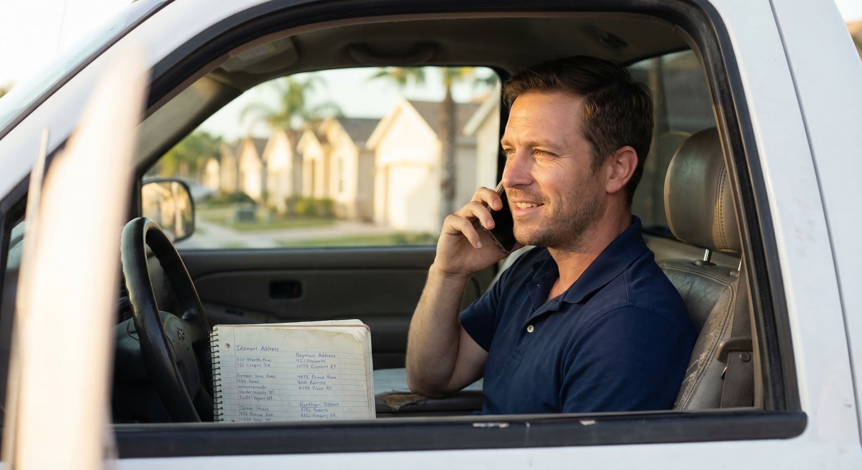 Real estate investor making phone calls from truck cab between property visits, notebook with addresses open on passenger seat, Florida highway visible through windshield