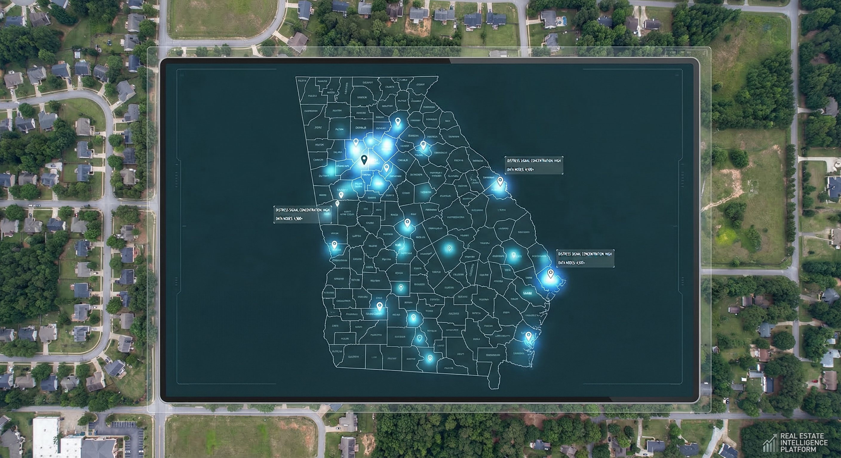 Vacant property heat map data overlay across Georgia counties showing distress signal concentration near Atlanta, Savannah, and Augusta