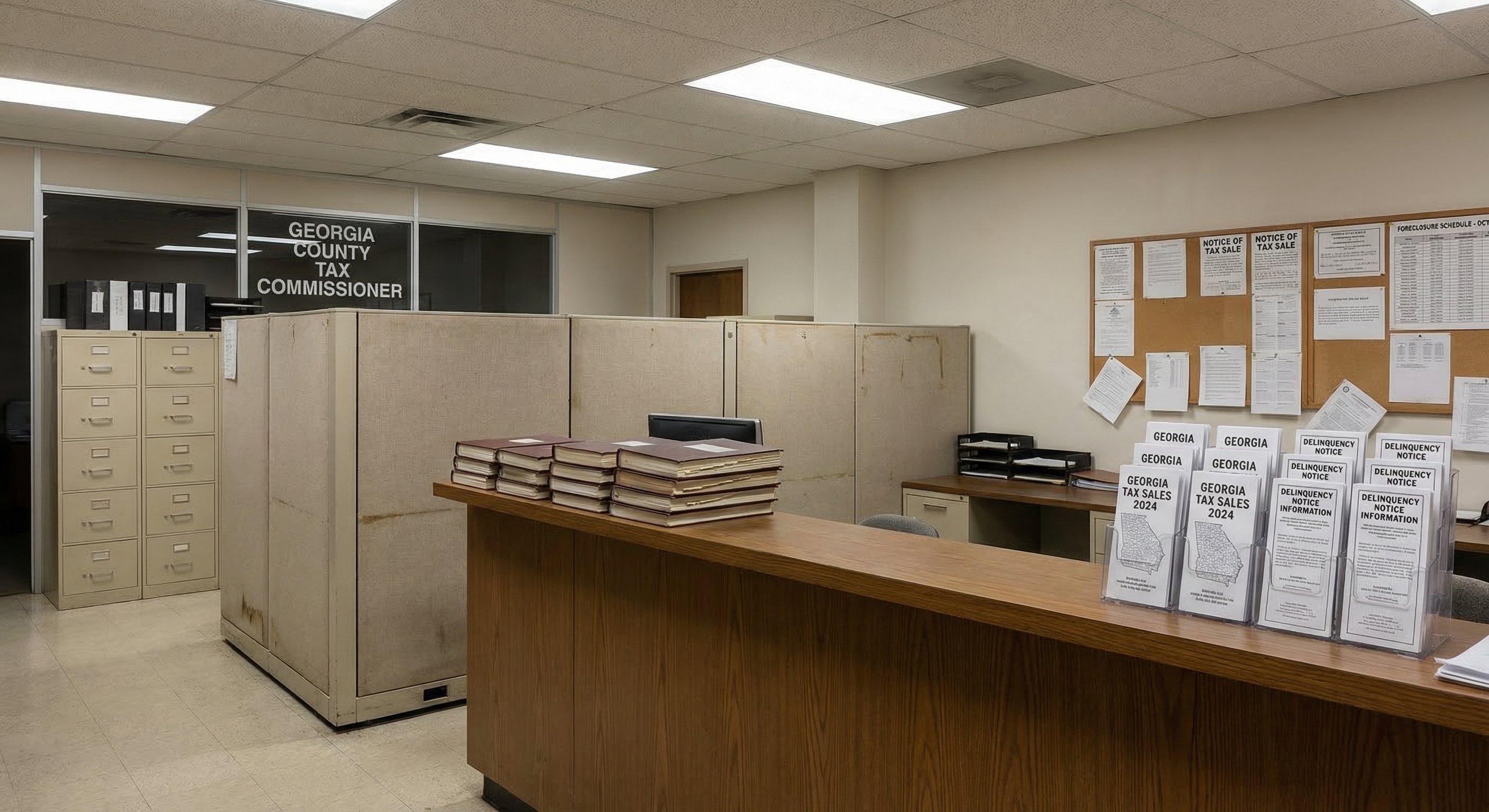 Georgia county tax commissioner office interior with delinquency records, property files, and tax sale announcements on bulletin board