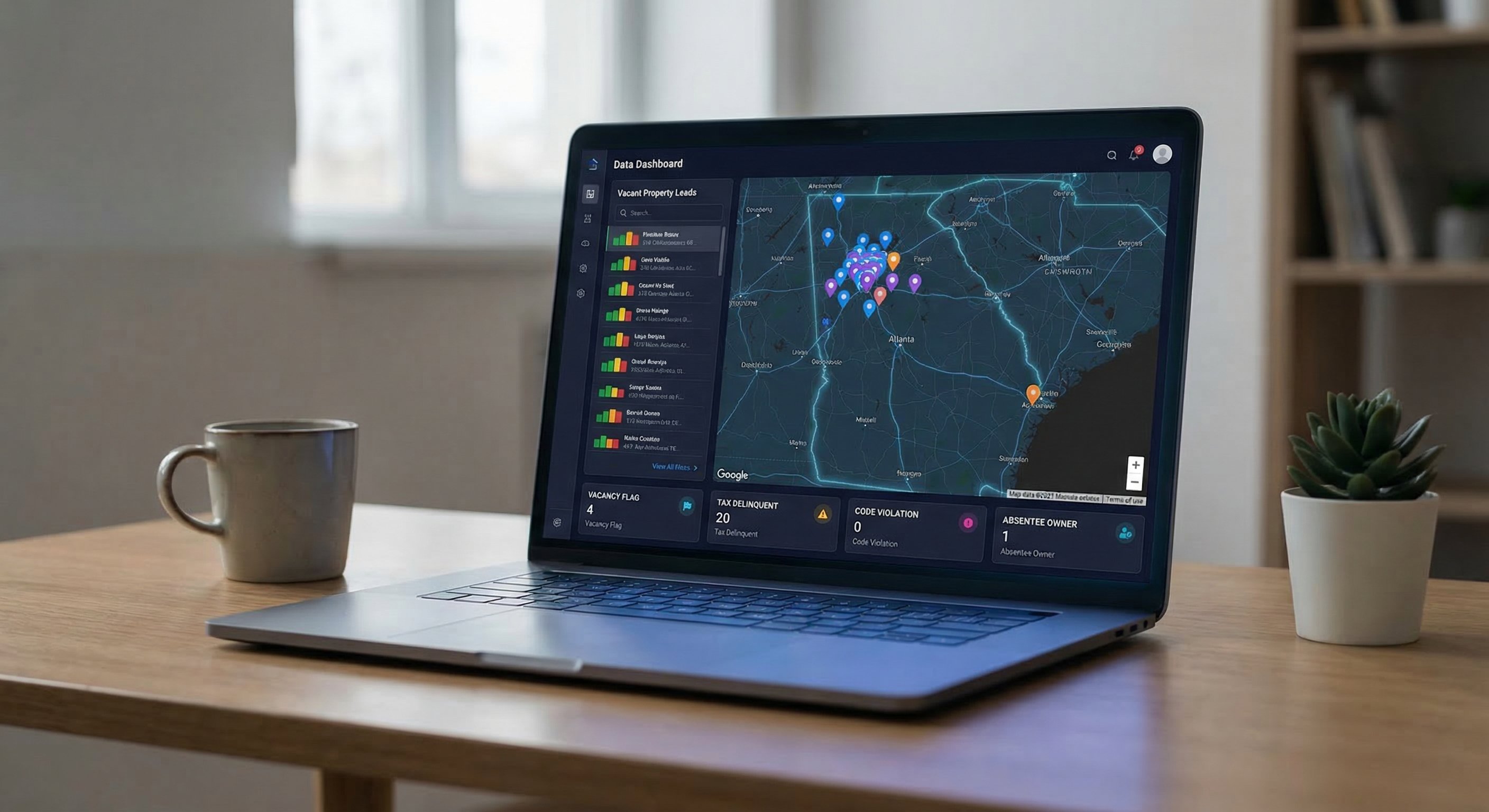 DistressIQ real estate intelligence dashboard showing Georgia vacant property leads with stacked distress signals near Atlanta metro counties