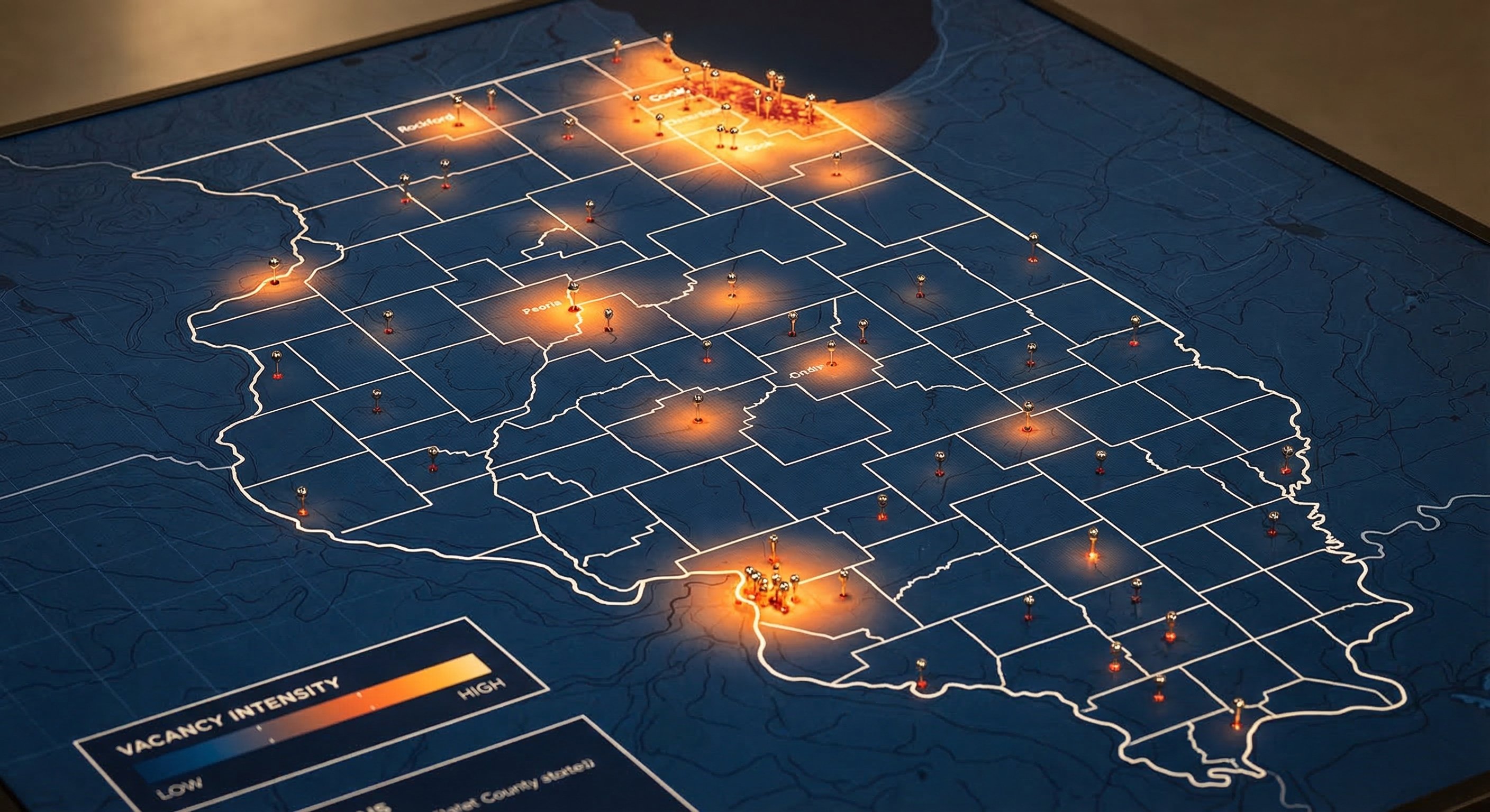 Illinois distress signal map showing vacant property clusters across Cook County and downstate cities