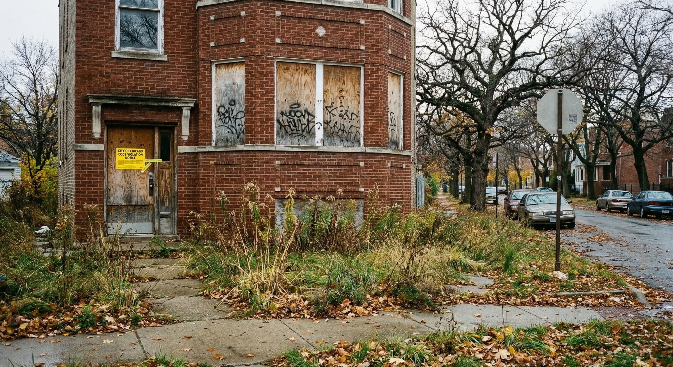 Vacant Chicago brick two-flat on a tree-lined residential street with boarded upper windows and overgrown front yard