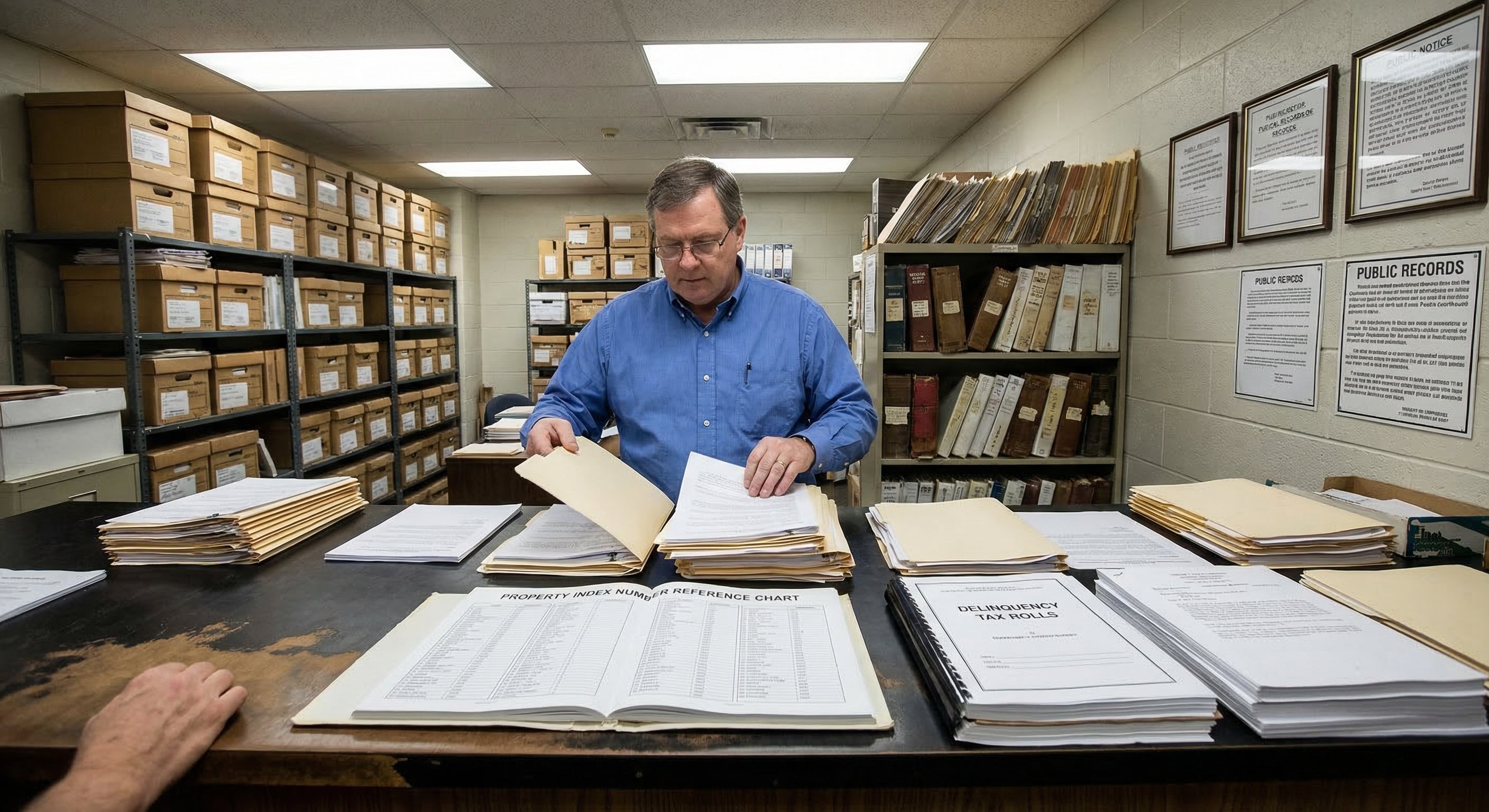 Cook County courthouse records room with property tax filing documents spread on the counter