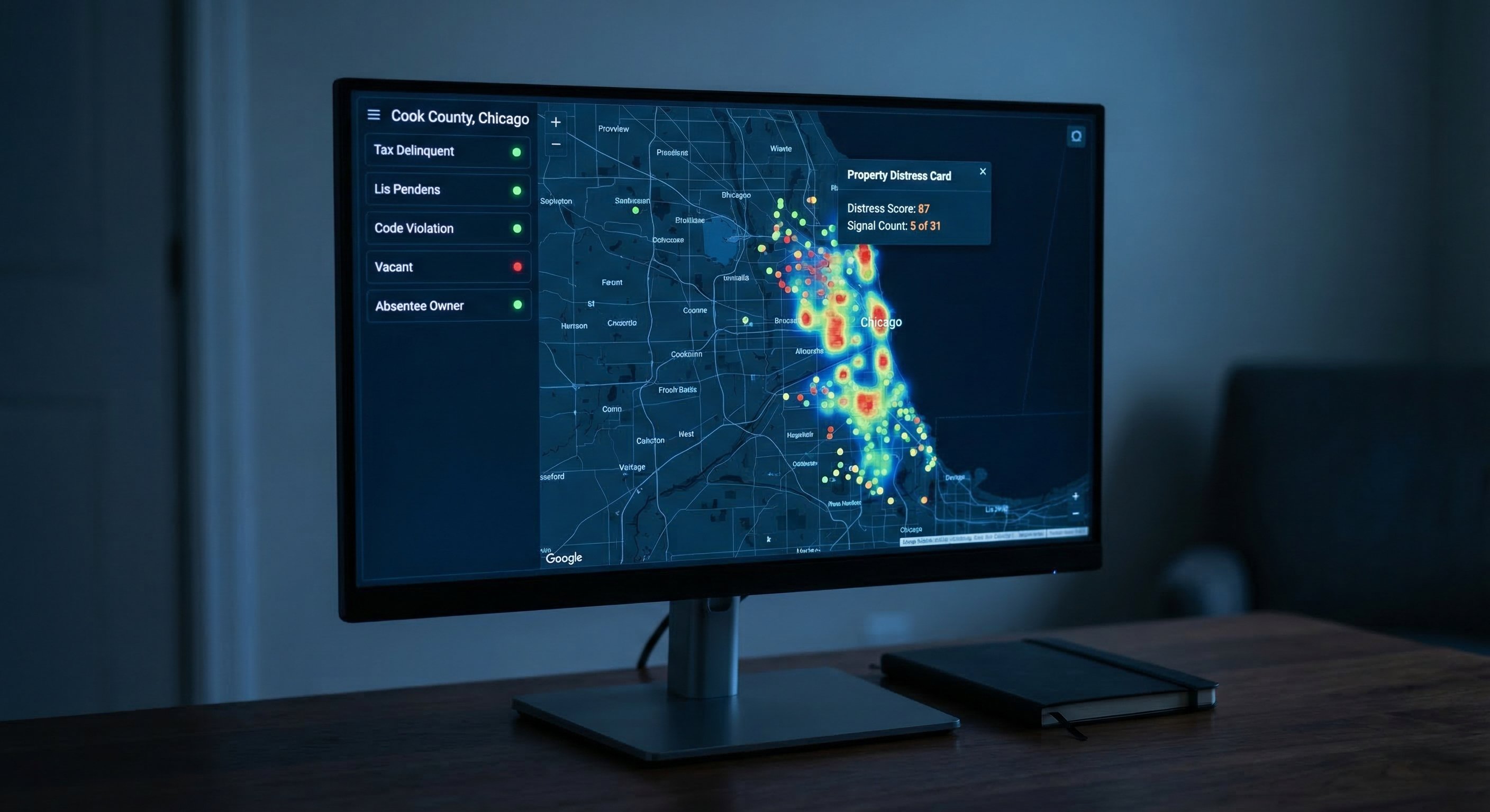 Dark-themed real estate intelligence dashboard showing Illinois county map with vacant property signal overlays and stacked distress score indicators