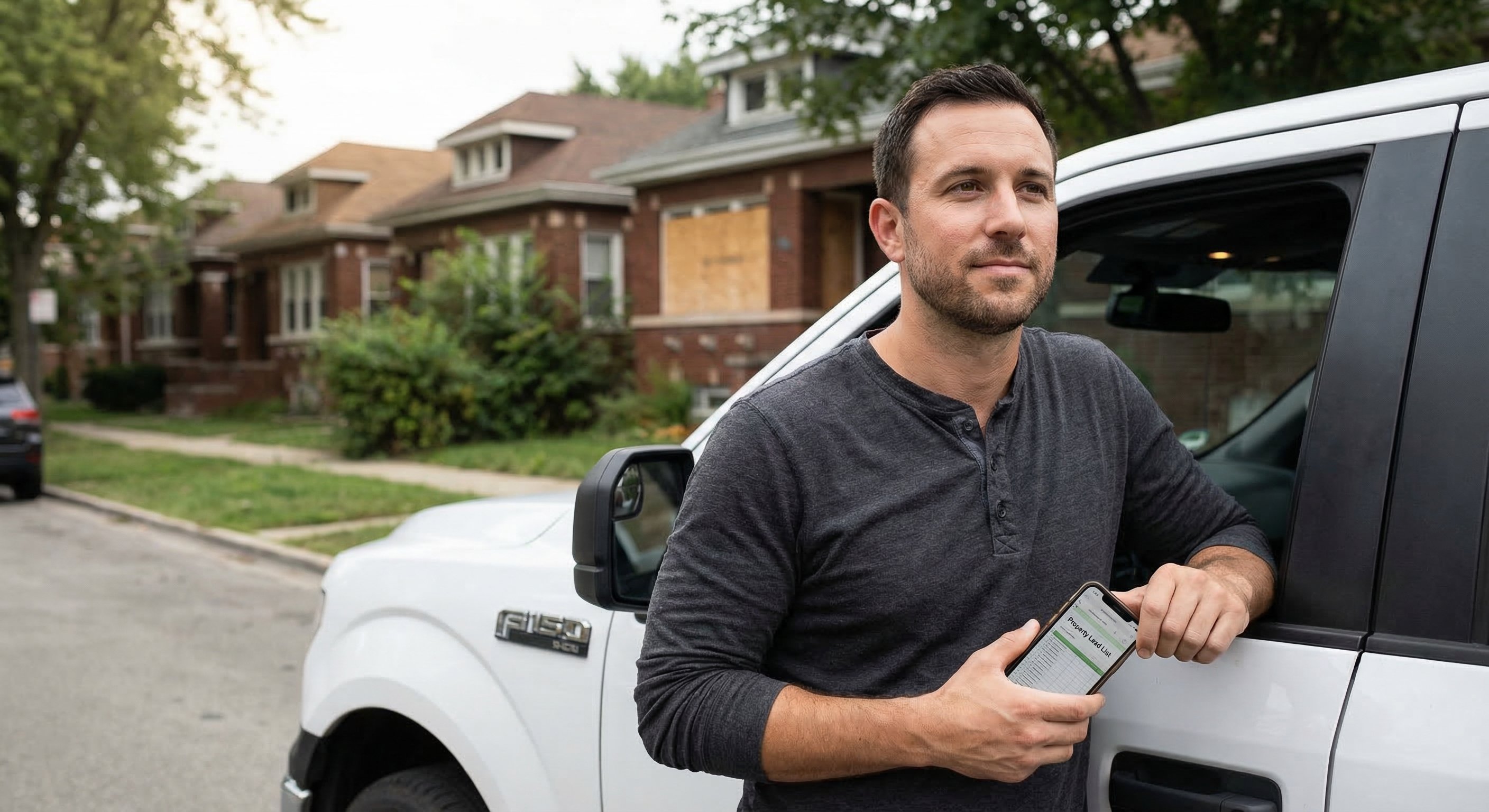 Illinois real estate investor reviewing property lead data on phone while standing beside his pickup truck in a Chicago neighborhood