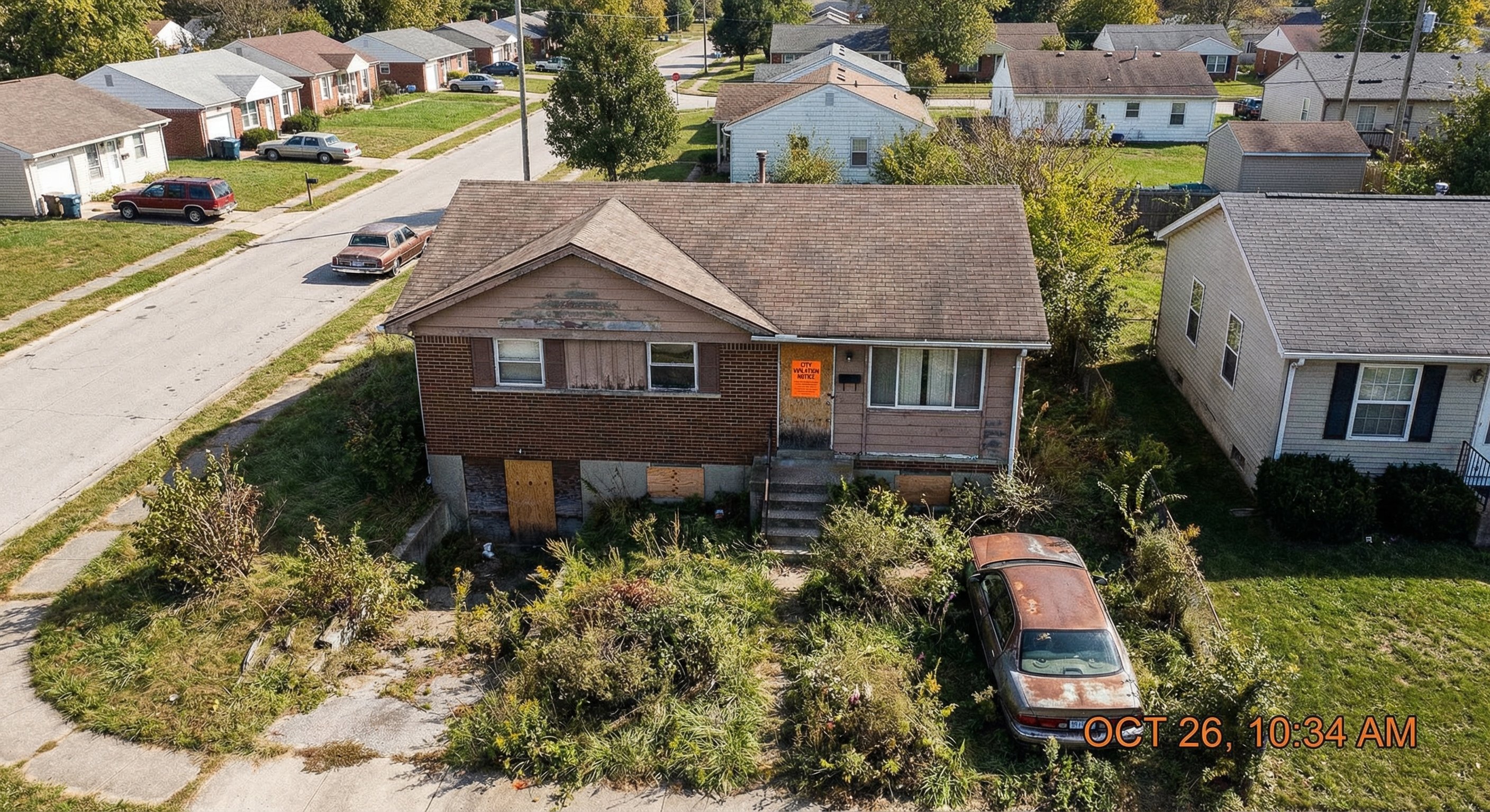 Aerial view of a modest 1970s ranch home in a working-class Indianapolis neighborhood with an overgrown yard and visible code violation notice