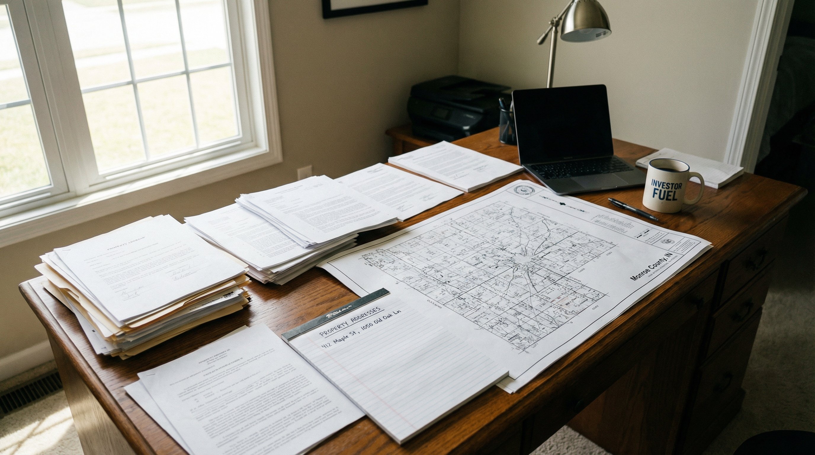 Property documents, county plat map, and handwritten notes spread across an investor's desk in natural window light
