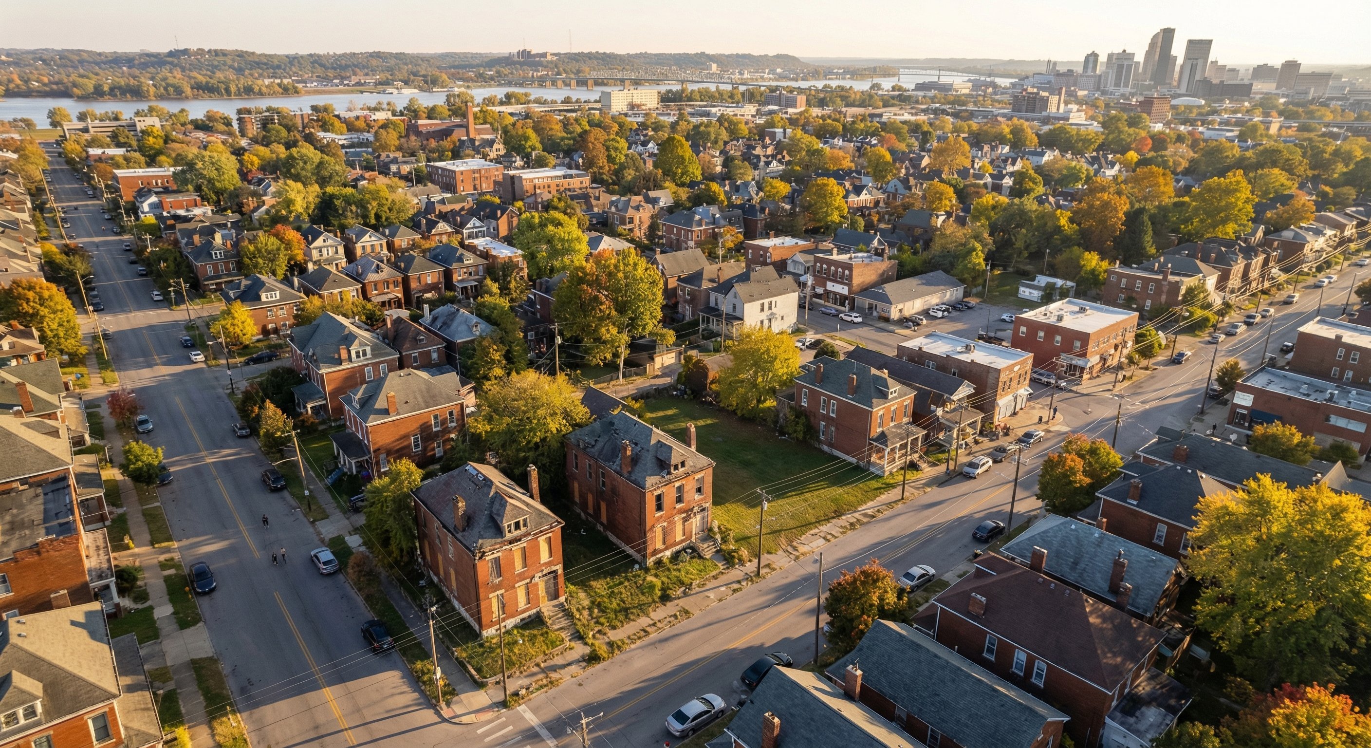 Aerial view of a quiet Louisville Kentucky neighborhood with aging housing stock and mixed occupancy patterns