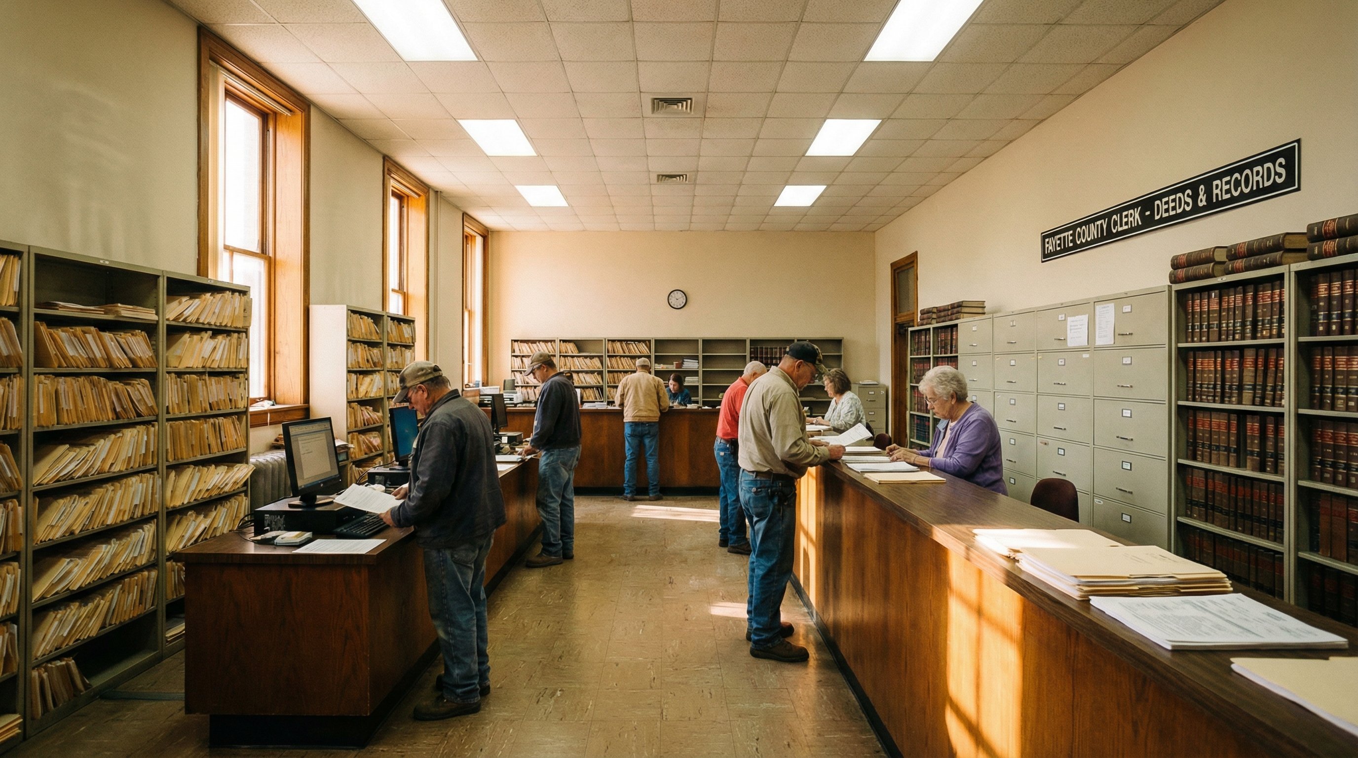 Interior of a Kentucky county clerk records office with public access terminals and filing cabinets