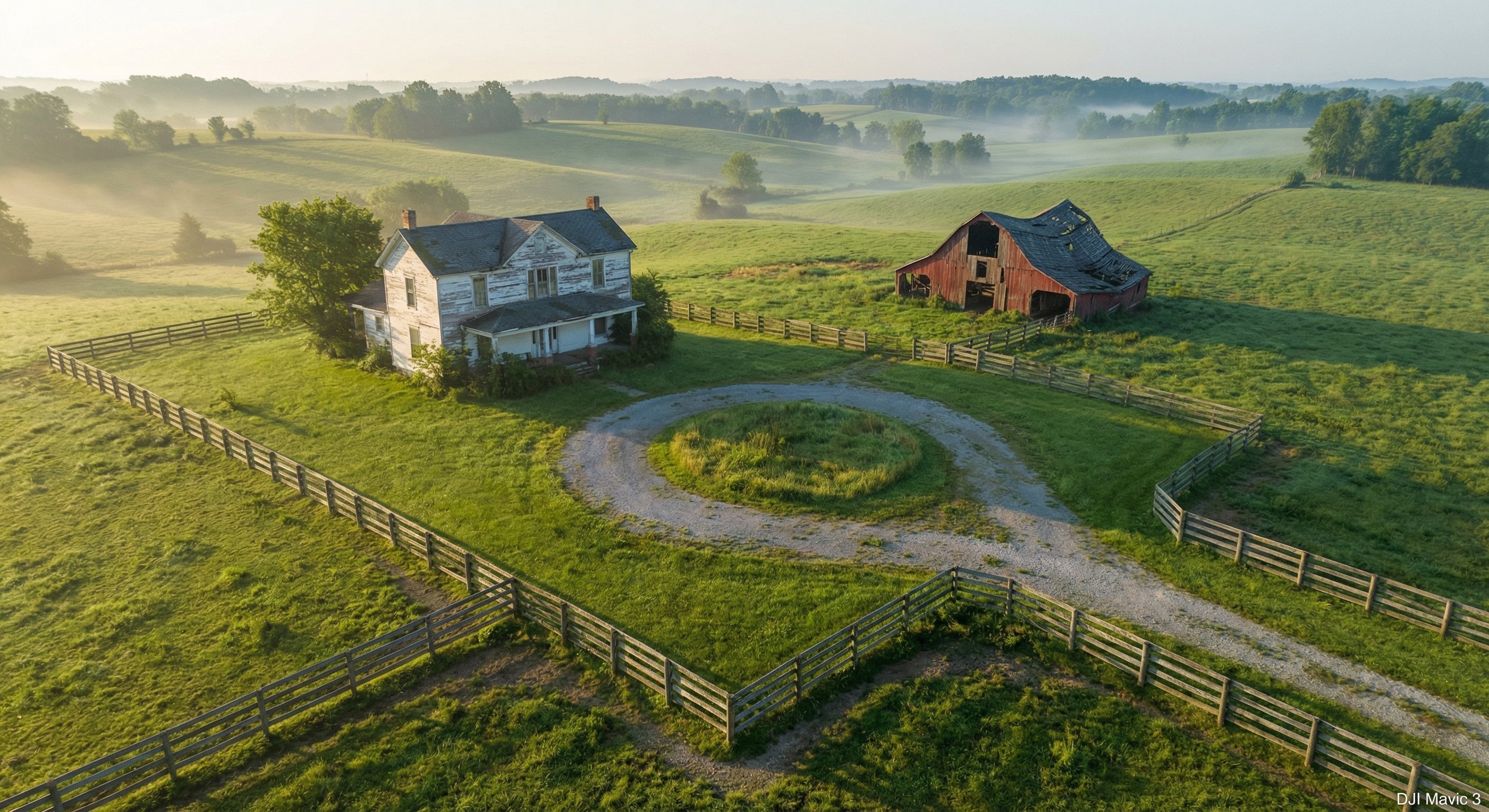 Rural Kentucky Bluegrass landscape with aging farmhouse and horse fencing at sunrise