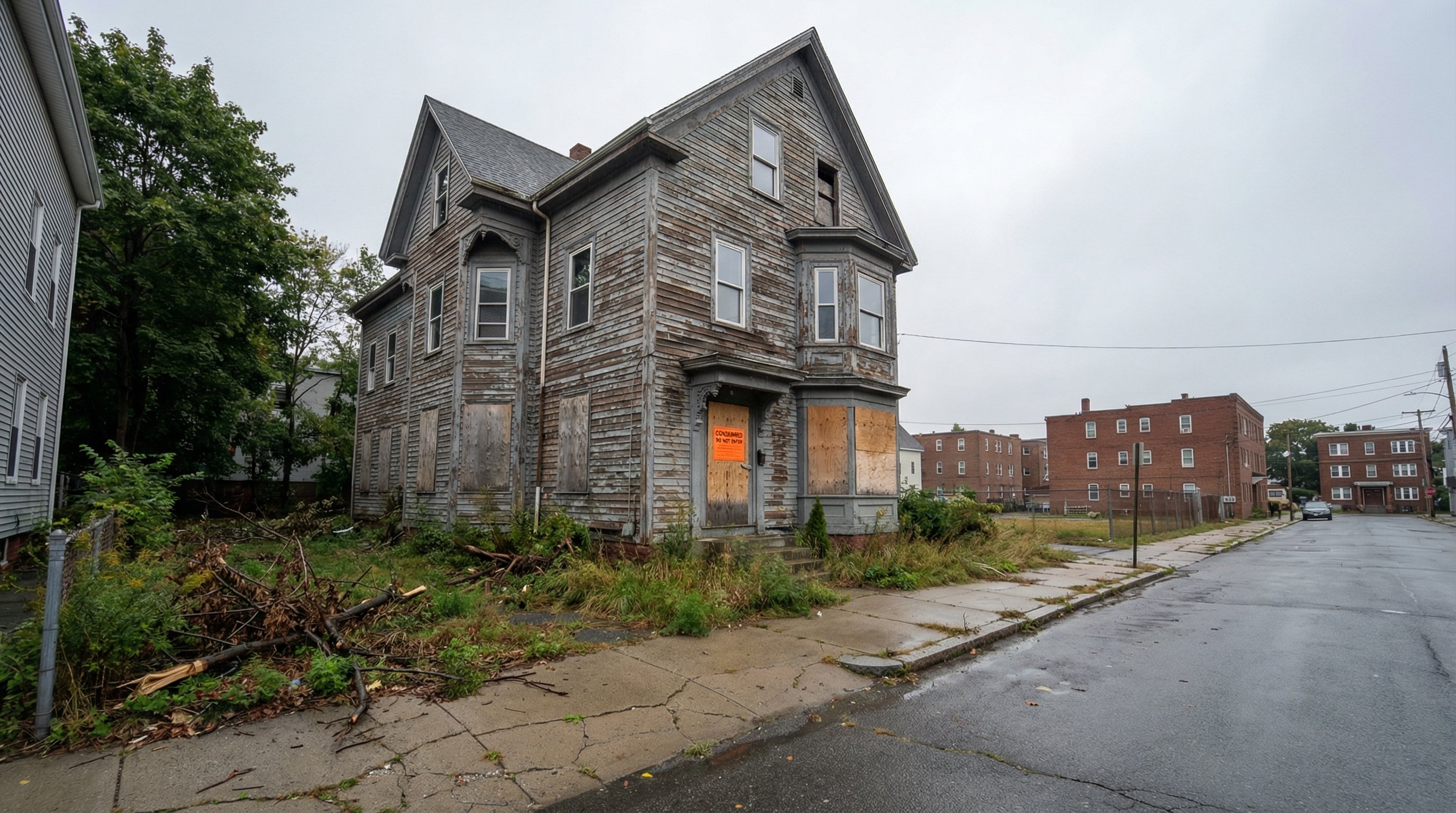 Overgrown and boarded-up vacant home in a Massachusetts post-industrial neighborhood