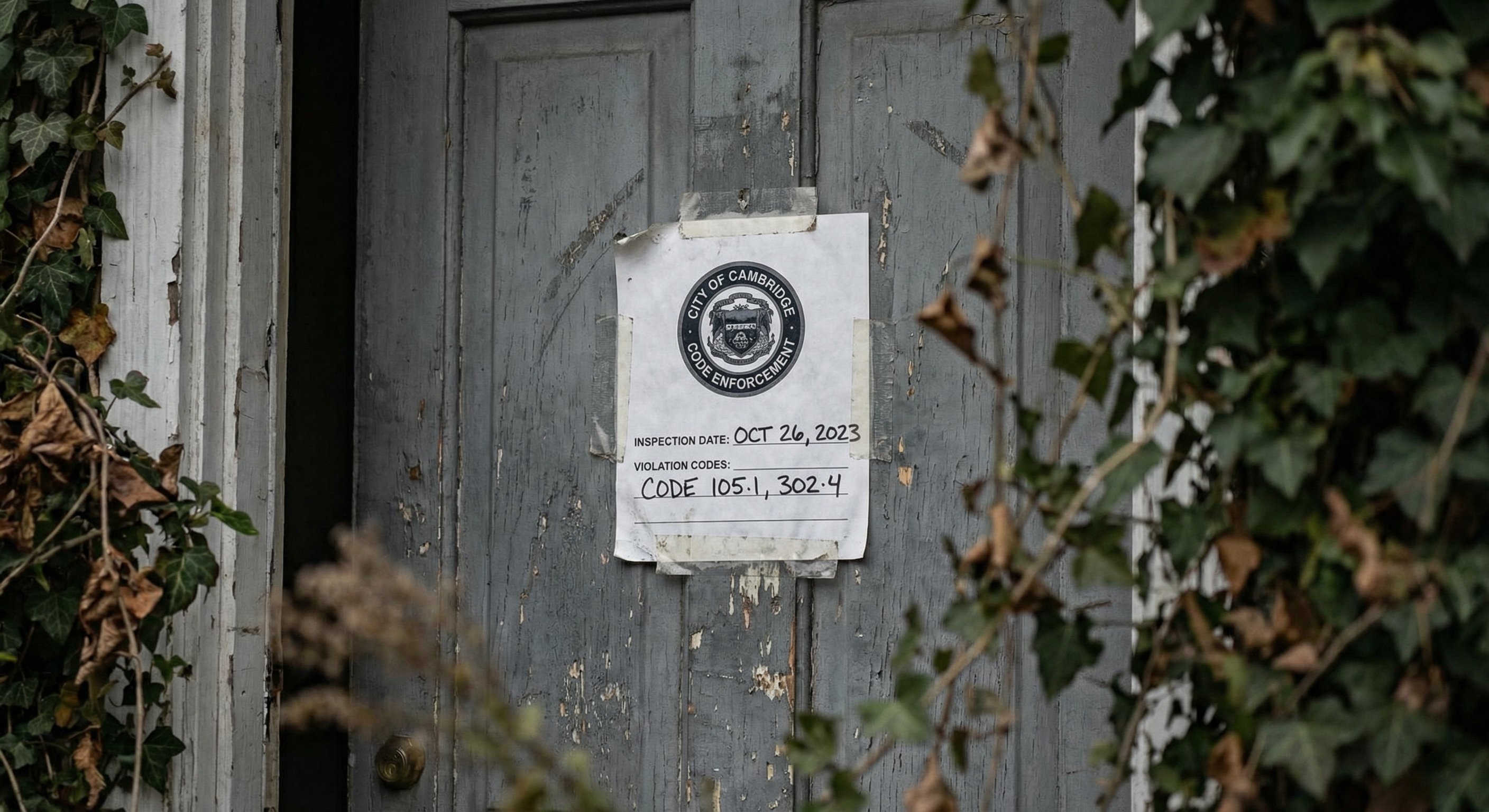 Municipal code enforcement notice posted on a Massachusetts property door