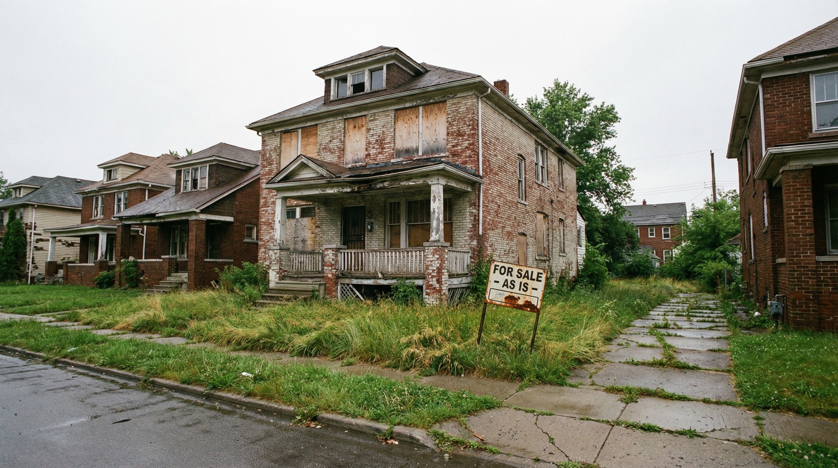 Vacant two-story brick home in a Detroit neighborhood with boarded windows and overgrown lot