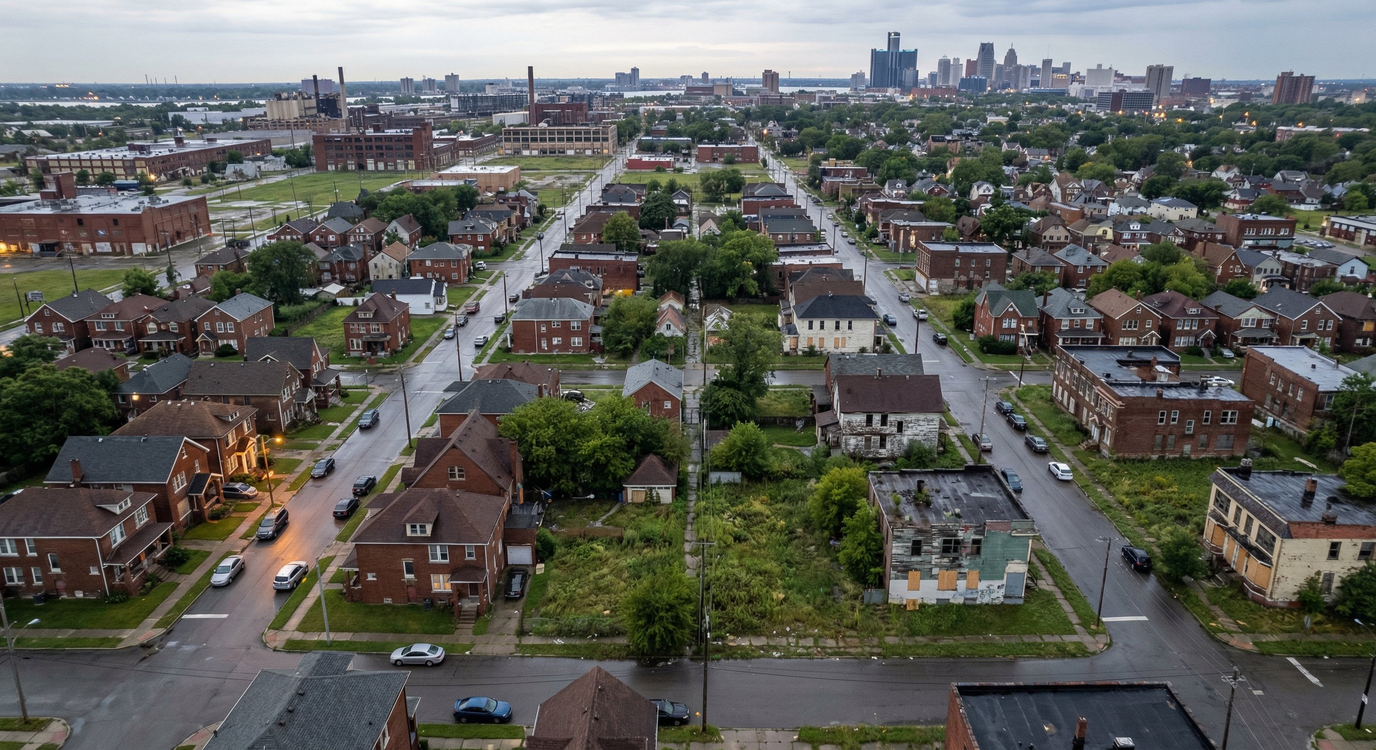 Aerial view of Saginaw Michigan showing mix of occupied and vacant residential structures in an established neighborhood
