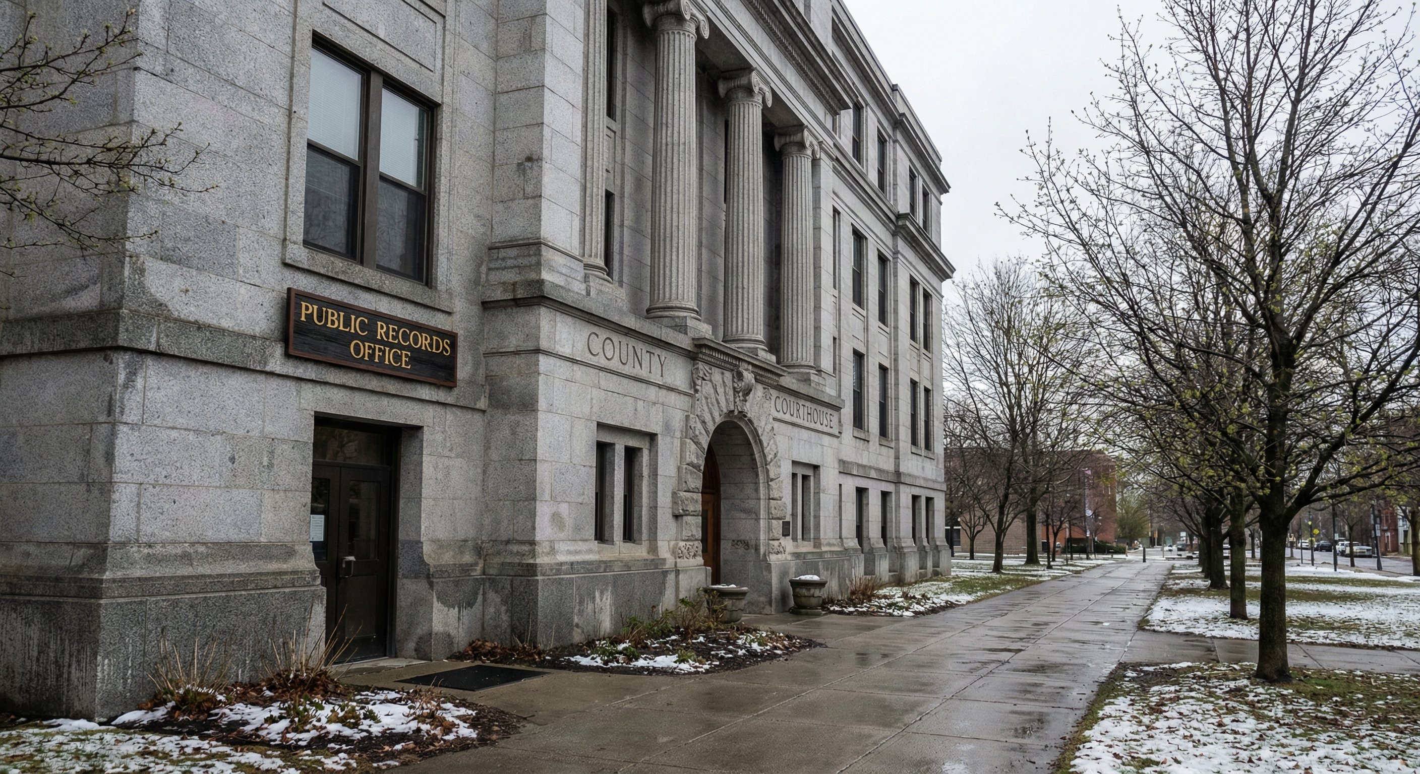 Michigan county courthouse exterior with stone facade and columns, public records office signage visible