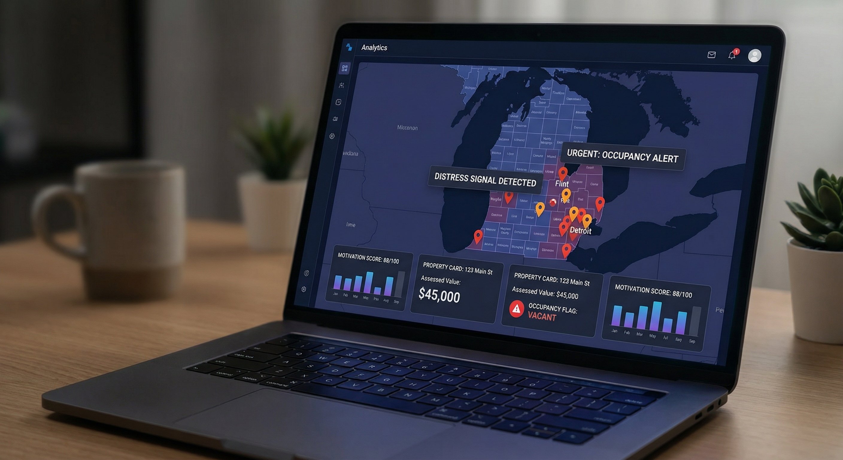 Property distress signal dashboard showing Michigan map with vacancy and code violation pins in Detroit and Genesee County