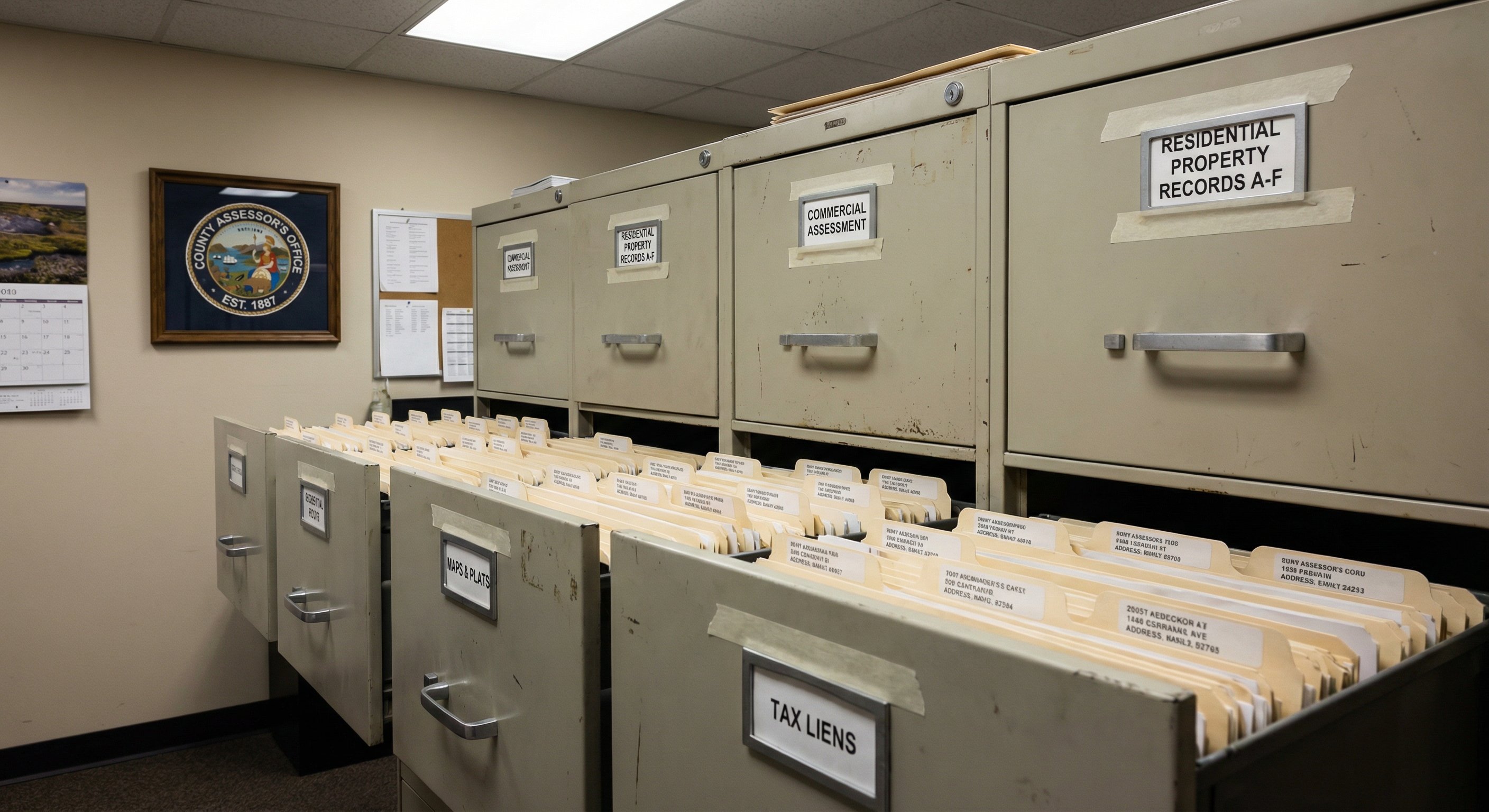 County assessor filing cabinet with property records and manila folders organized by address