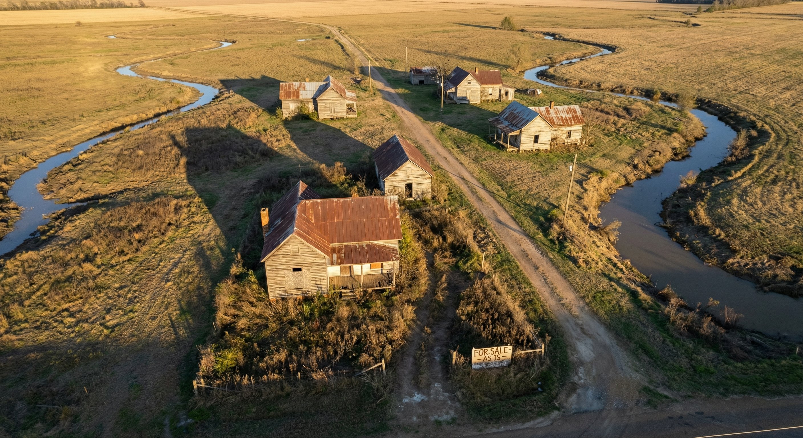 Aerial view of the Mississippi Delta showing modest wooden farmhouses and vacant properties with overgrown fields