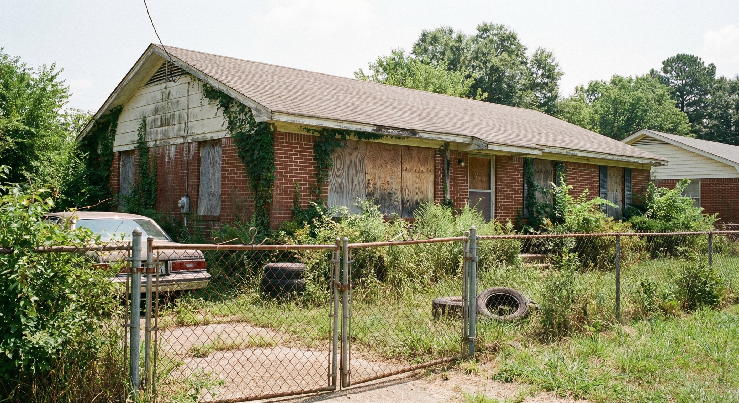 Vacant ranch home in rural Mississippi showing signs of long-term vacancy including overgrown vegetation and weathered exterior
