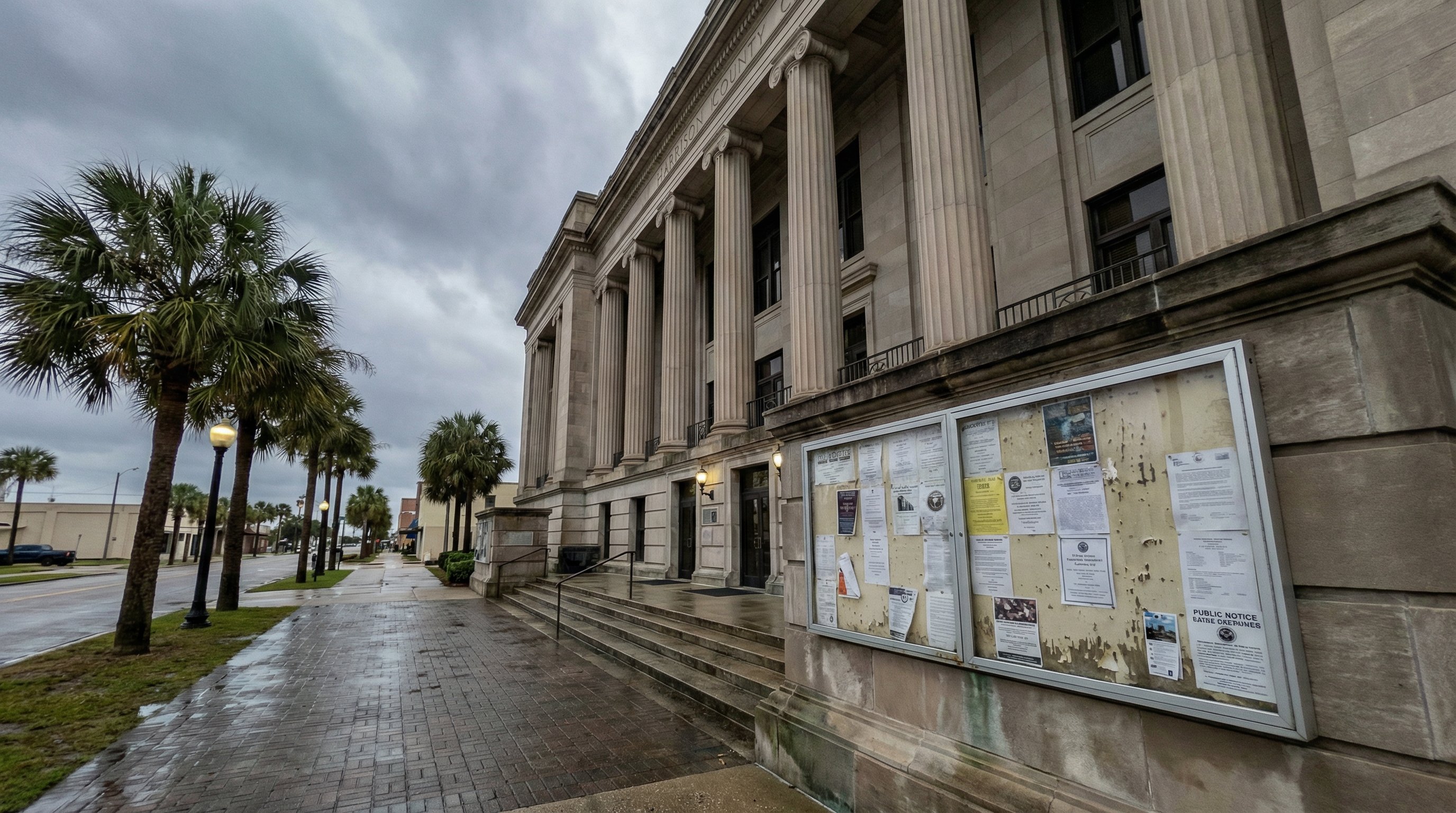 Harrison County courthouse in Biloxi, Mississippi, where public records on property filings and vacancies are maintained
