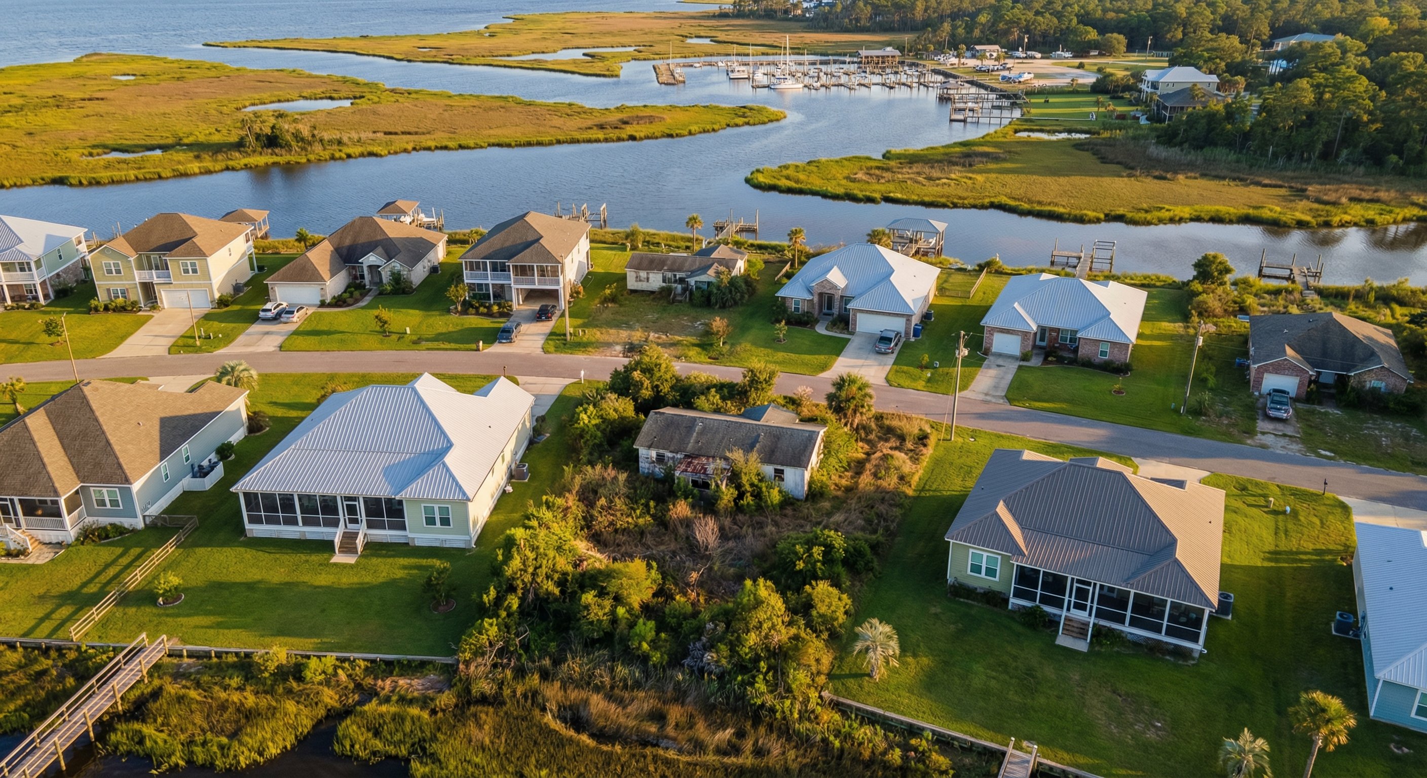 Mississippi Gulf Coast neighborhood aerial view with mix of occupied and vacant properties near the water